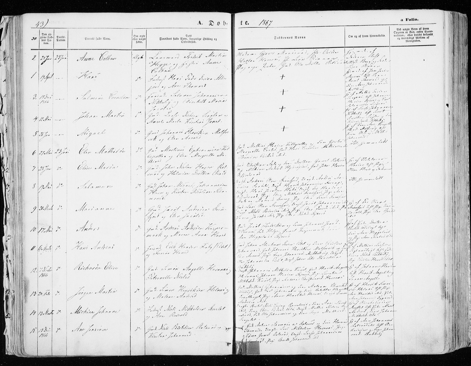 Skjervøy sokneprestkontor, AV/SATØ-S-1300/H/Ha/Haa/L0007kirke: Parish register (official) no. 7, 1860-1870, p. 43