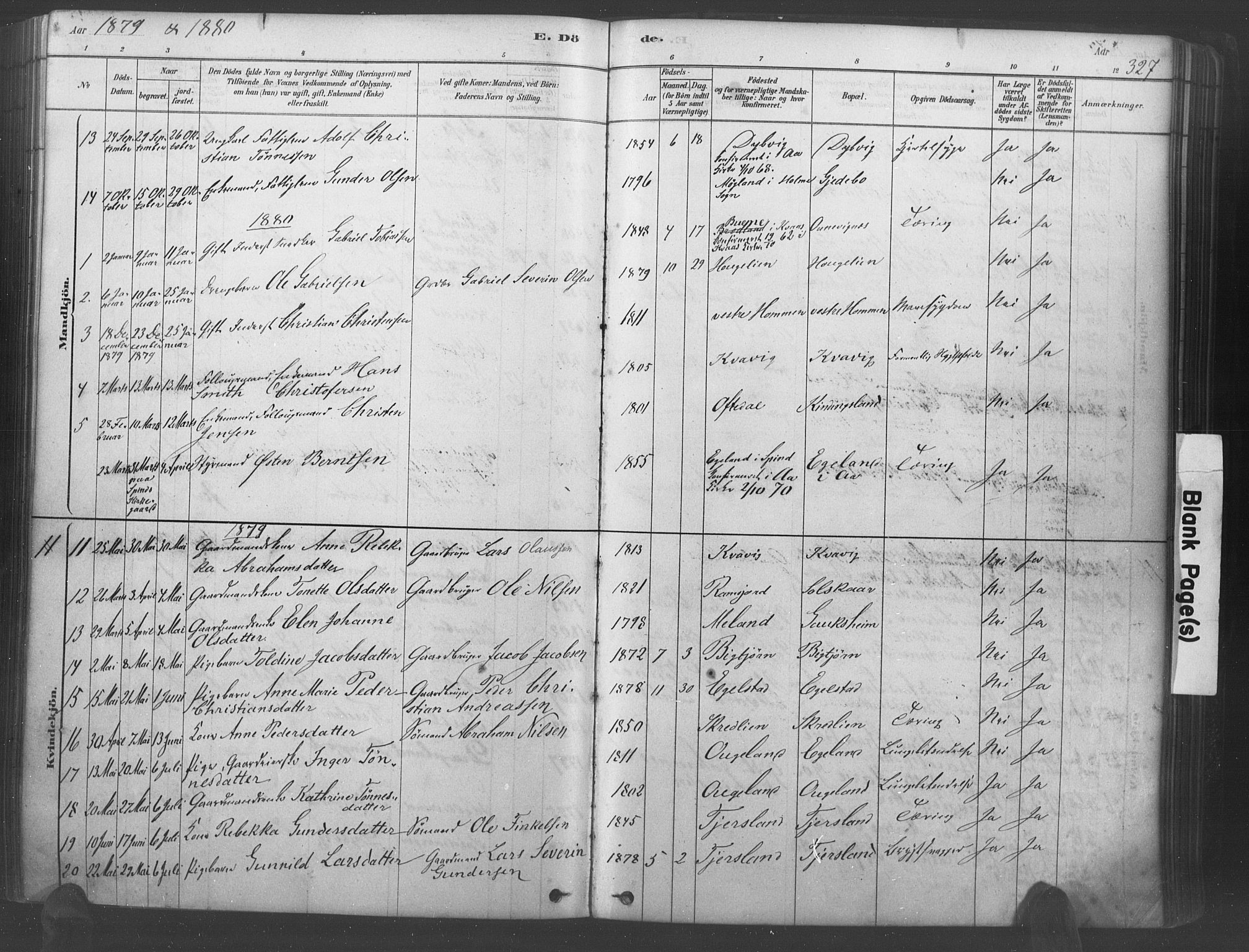 Lyngdal sokneprestkontor, AV/SAK-1111-0029/F/Fa/Fac/L0011: Parish register (official) no. A 11, 1878-1893, p. 327