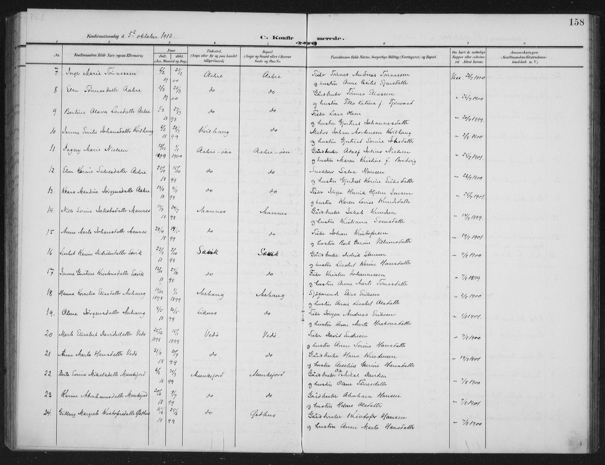 Kopervik sokneprestkontor, AV/SAST-A-101850/H/Ha/Haa/L0005: Parish register (official) no. A 5, 1906-1924, p. 158