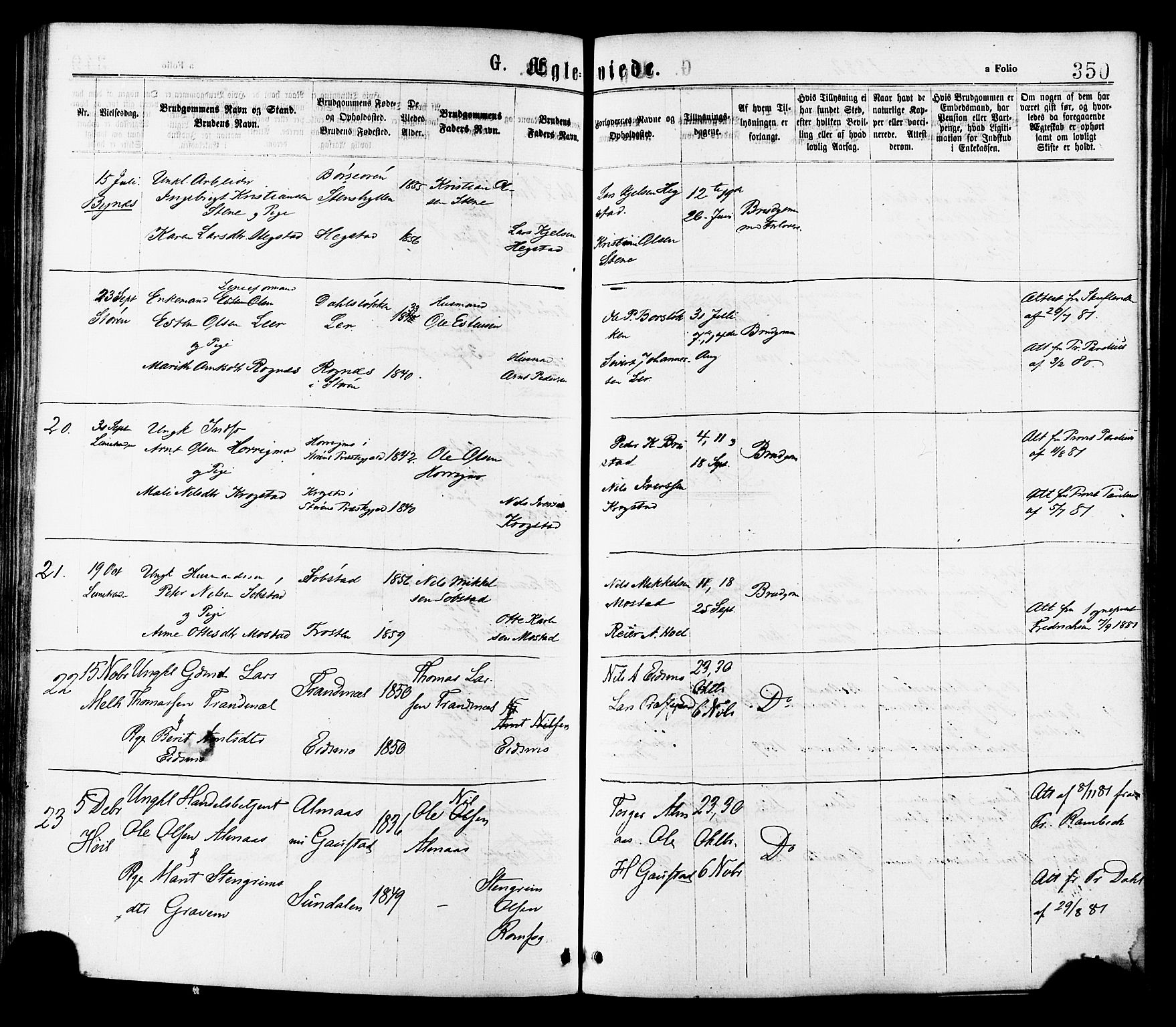 Ministerialprotokoller, klokkerbøker og fødselsregistre - Sør-Trøndelag, SAT/A-1456/691/L1079: Parish register (official) no. 691A11, 1873-1886, p. 350