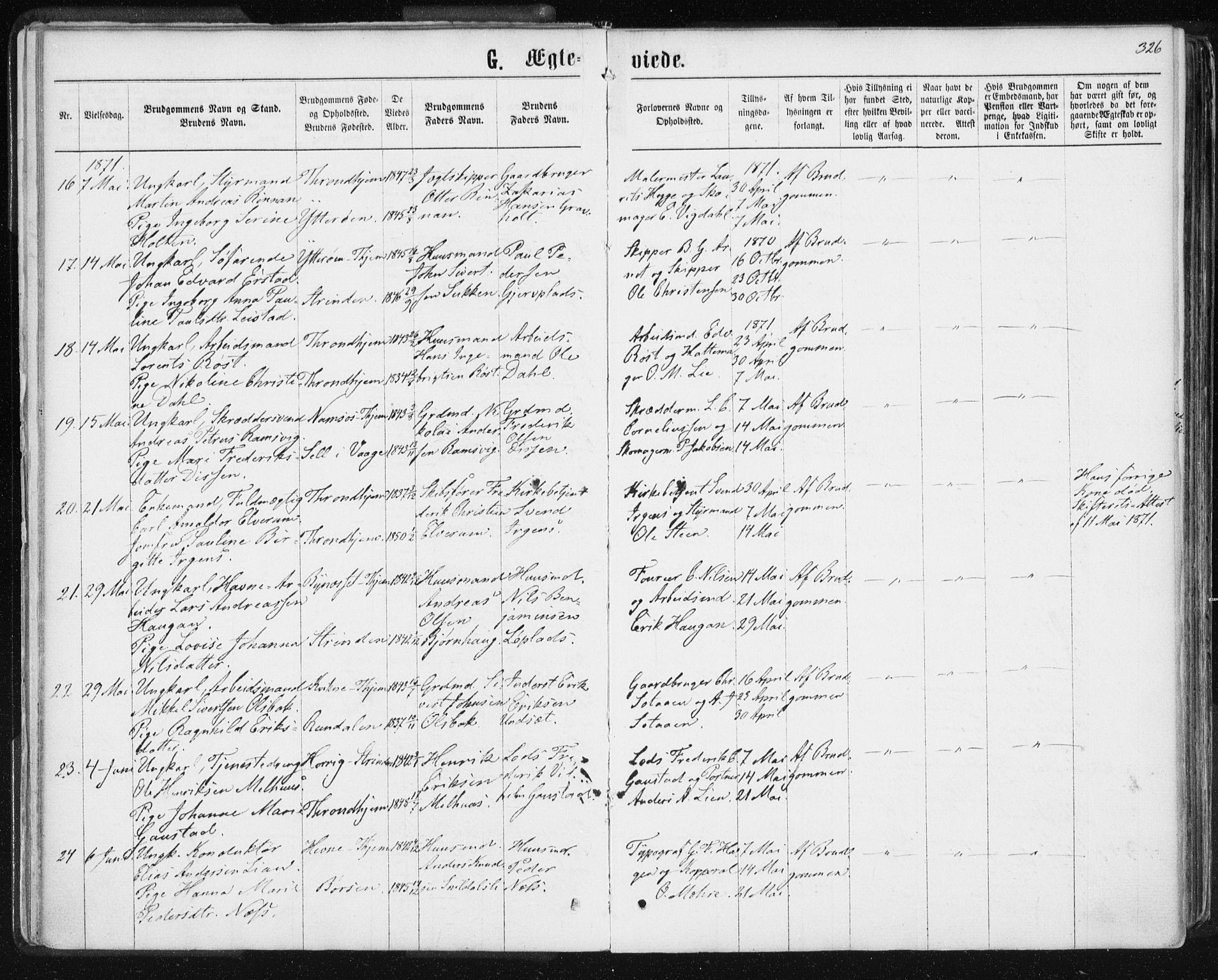 Ministerialprotokoller, klokkerbøker og fødselsregistre - Sør-Trøndelag, SAT/A-1456/601/L0055: Parish register (official) no. 601A23, 1866-1877, p. 326