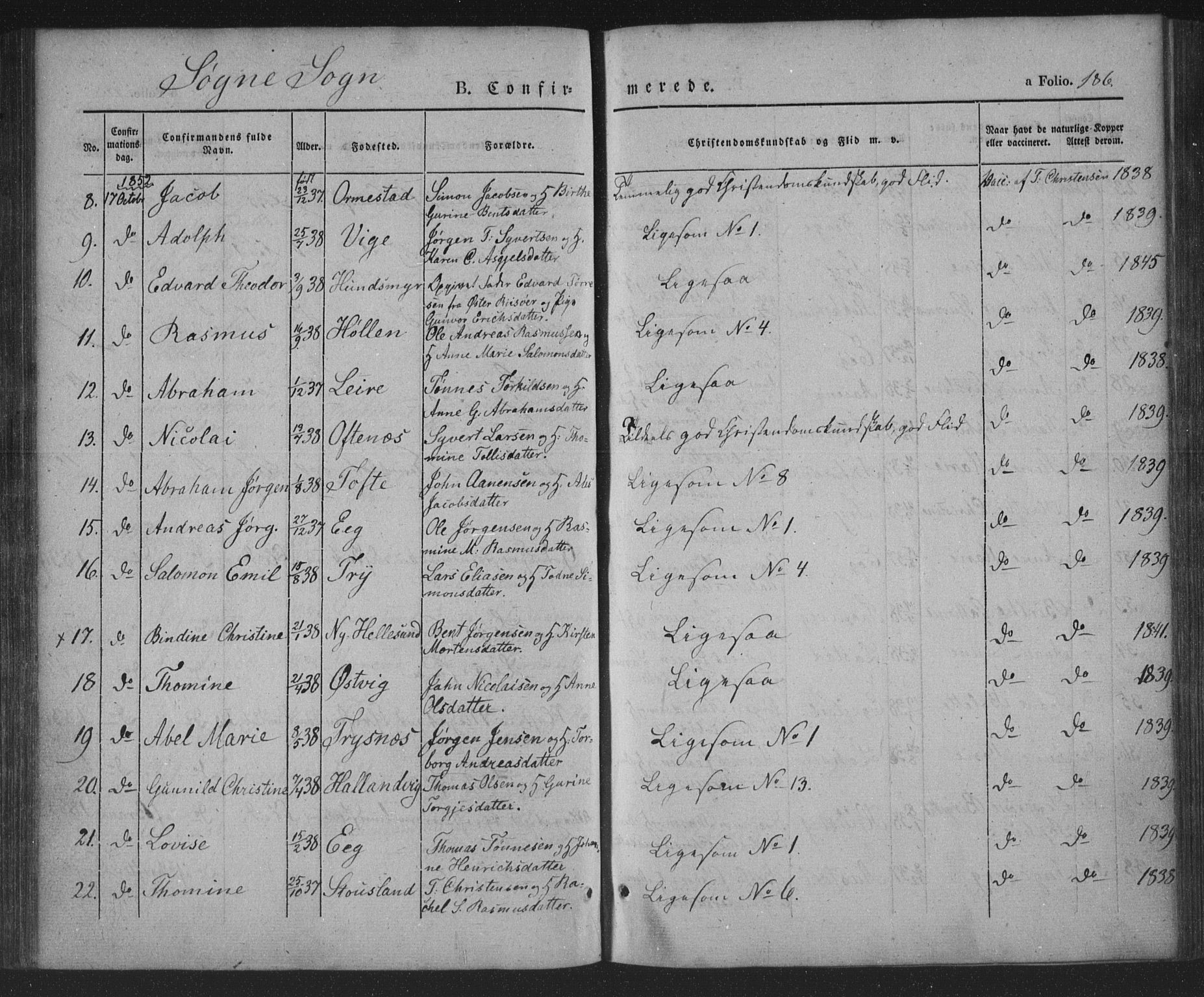 Søgne sokneprestkontor, AV/SAK-1111-0037/F/Fa/Fab/L0009: Parish register (official) no. A 9, 1838-1853, p. 186