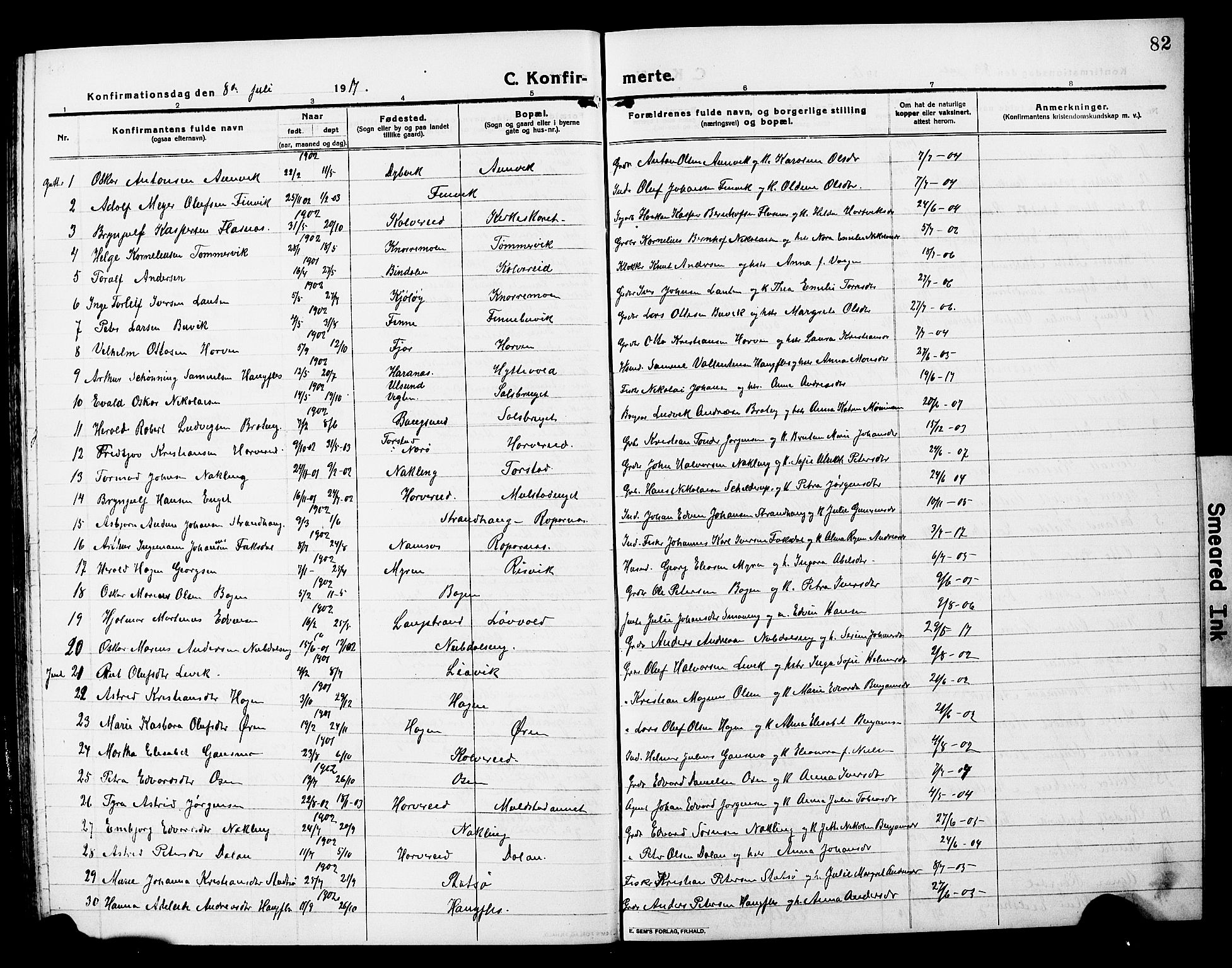Ministerialprotokoller, klokkerbøker og fødselsregistre - Nord-Trøndelag, SAT/A-1458/780/L0653: Parish register (copy) no. 780C05, 1911-1927, p. 82