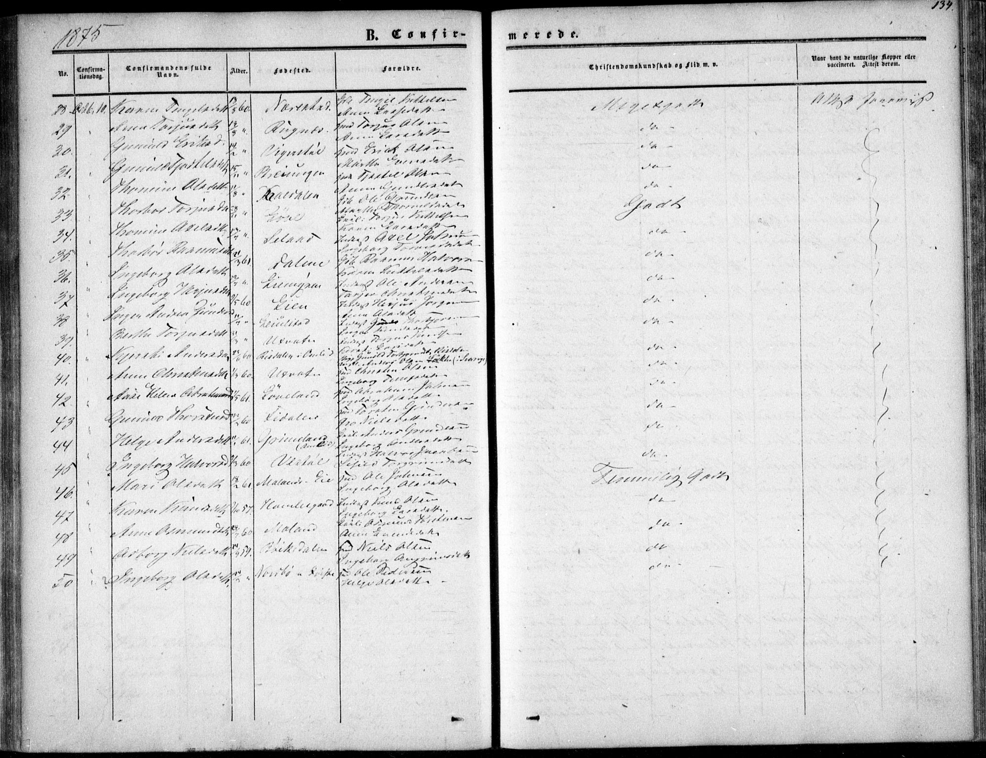 Gjerstad sokneprestkontor, AV/SAK-1111-0014/F/Fa/Fab/L0003: Parish register (official) no. A 3, 1853-1878, p. 134