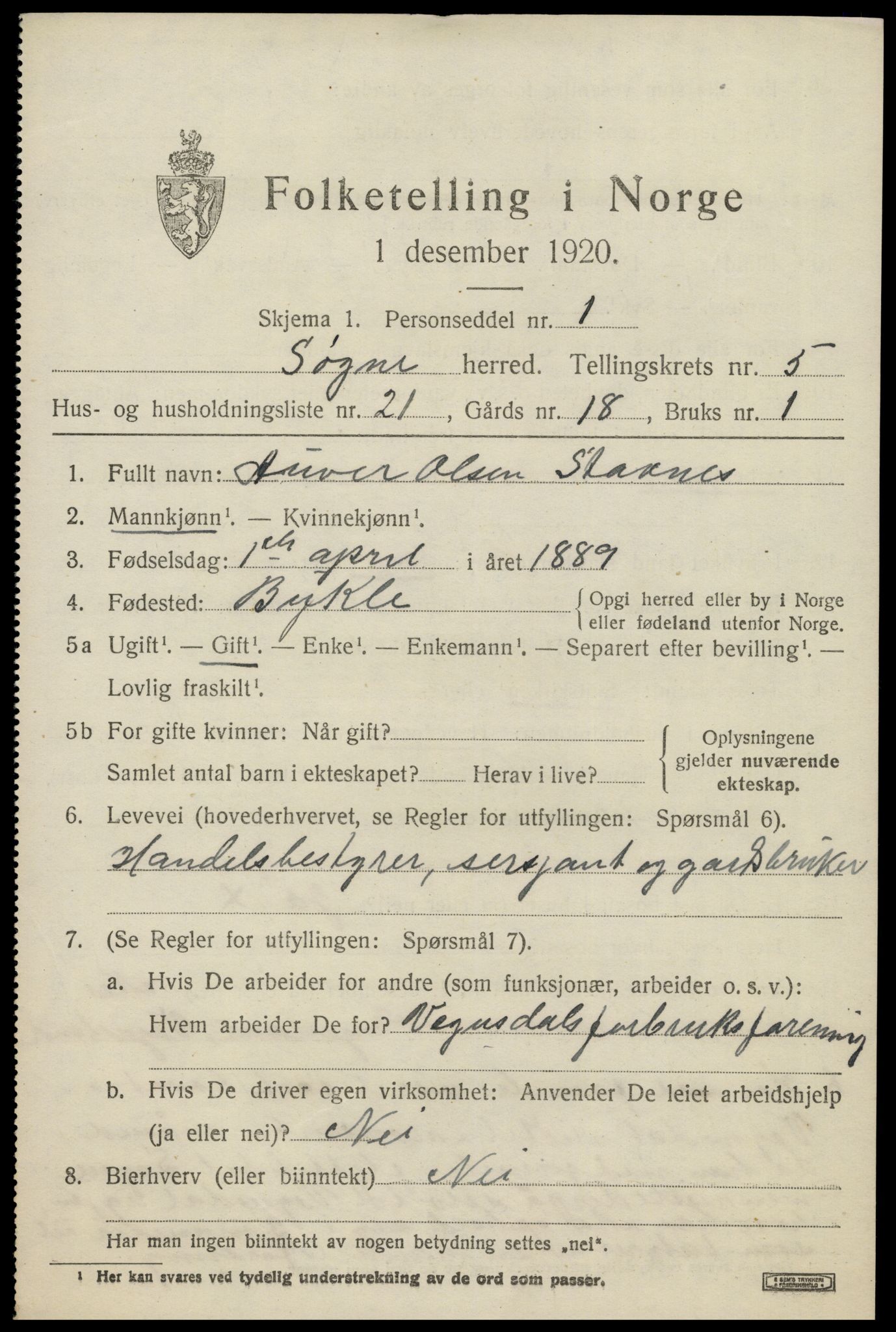 SAK, 1920 census for Søgne, 1920, p. 2457