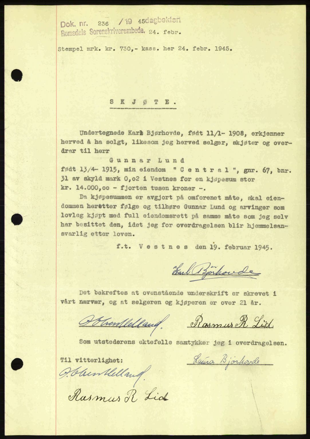 Romsdal sorenskriveri, AV/SAT-A-4149/1/2/2C: Mortgage book no. A17, 1944-1945, Diary no: : 236/1945