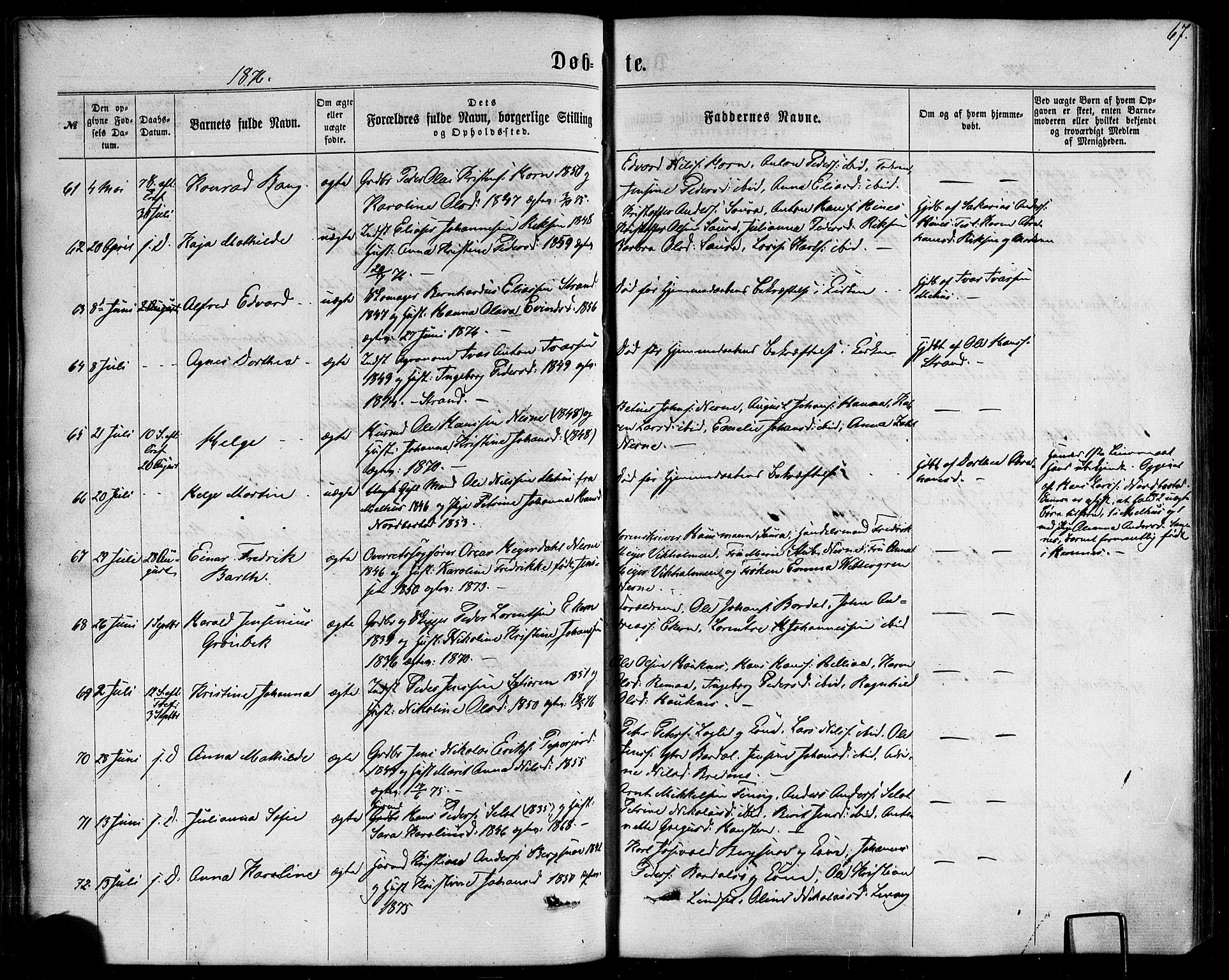 Ministerialprotokoller, klokkerbøker og fødselsregistre - Nordland, SAT/A-1459/838/L0551: Parish register (official) no. 838A09, 1864-1880, p. 67