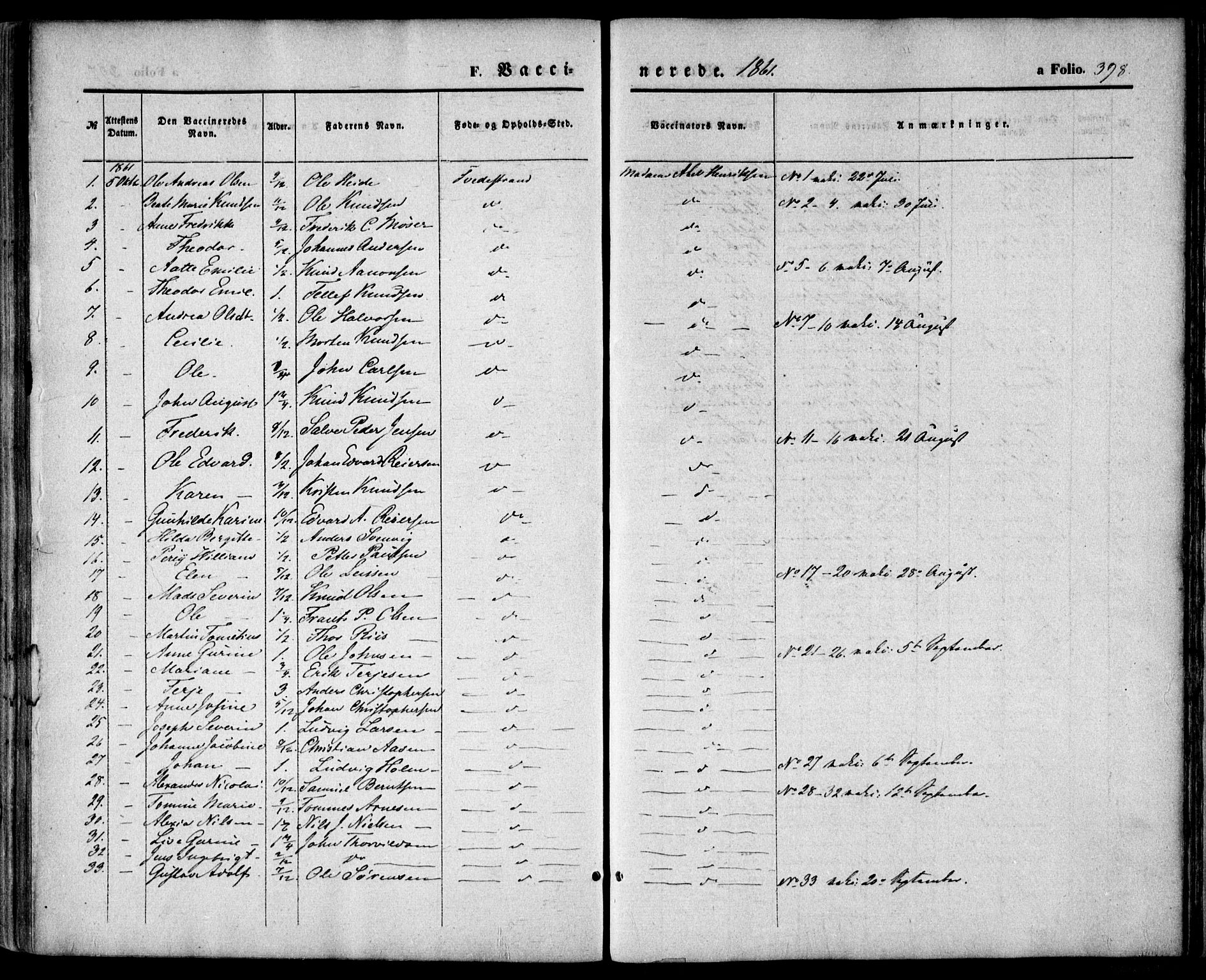 Holt sokneprestkontor, SAK/1111-0021/F/Fa/L0009: Parish register (official) no. A 9, 1861-1871, p. 398