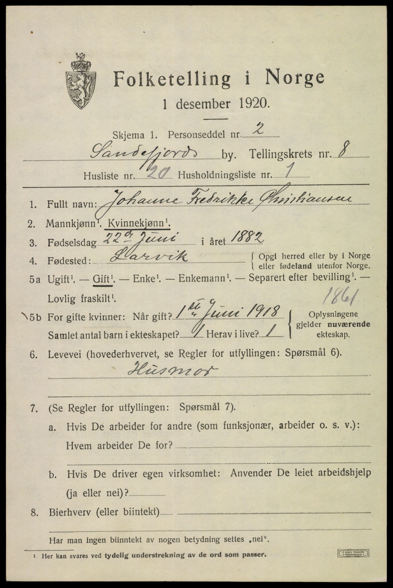 SAKO, 1920 census for Sandefjord, 1920, p. 12044