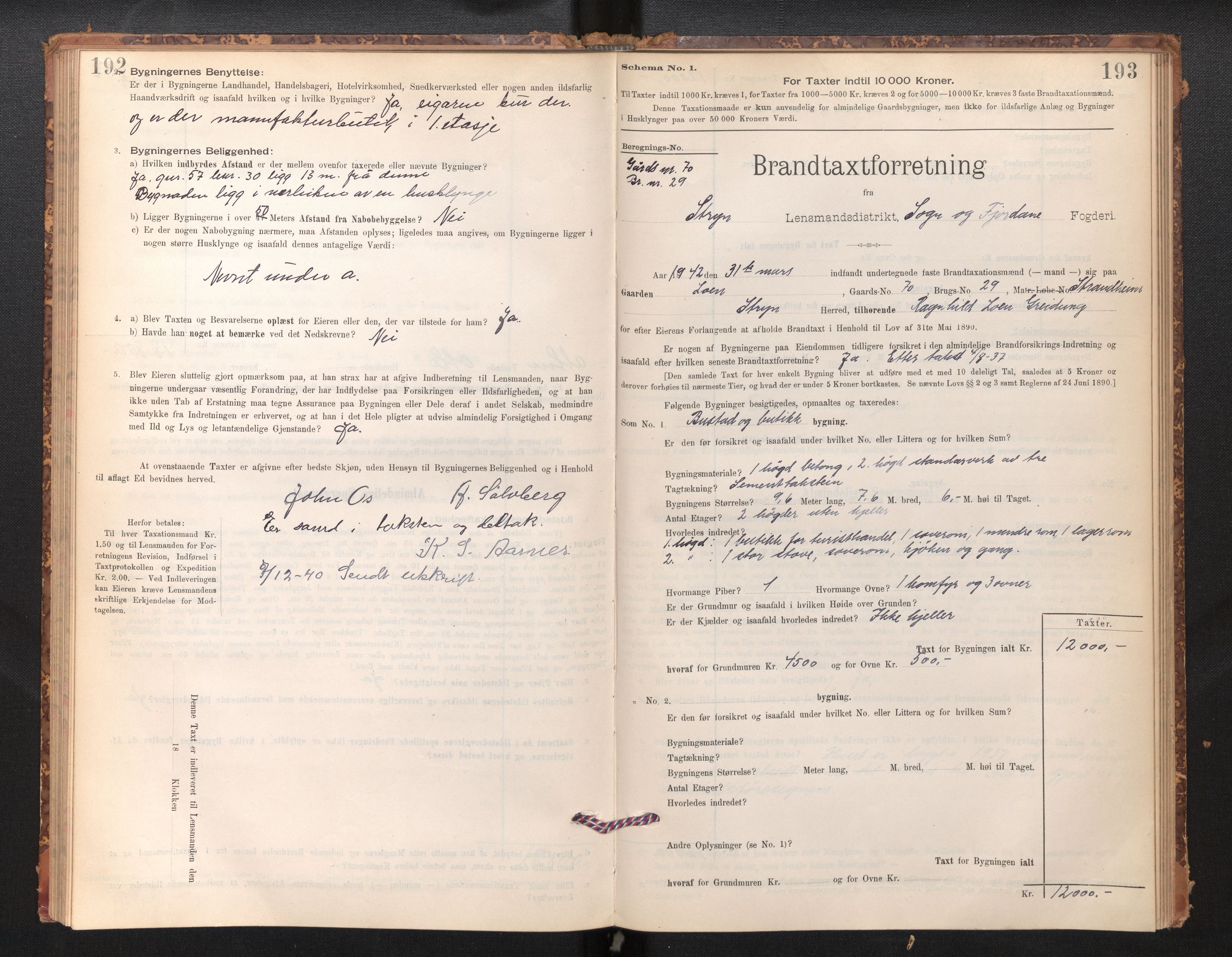 Lensmannen i Stryn og Innvik, SAB/A-30201/0012/L0002: Branntakstprotokoll, skjematakst, 1894-1942, p. 192-193