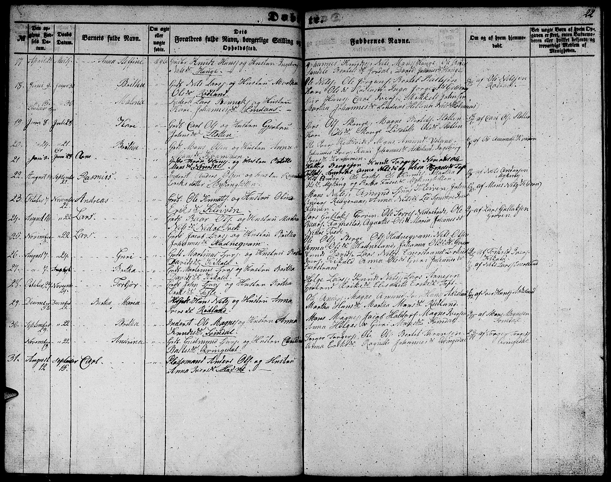 Lindås Sokneprestembete, SAB/A-76701/H/Hab: Parish register (copy) no. E 1, 1852-1867, p. 22