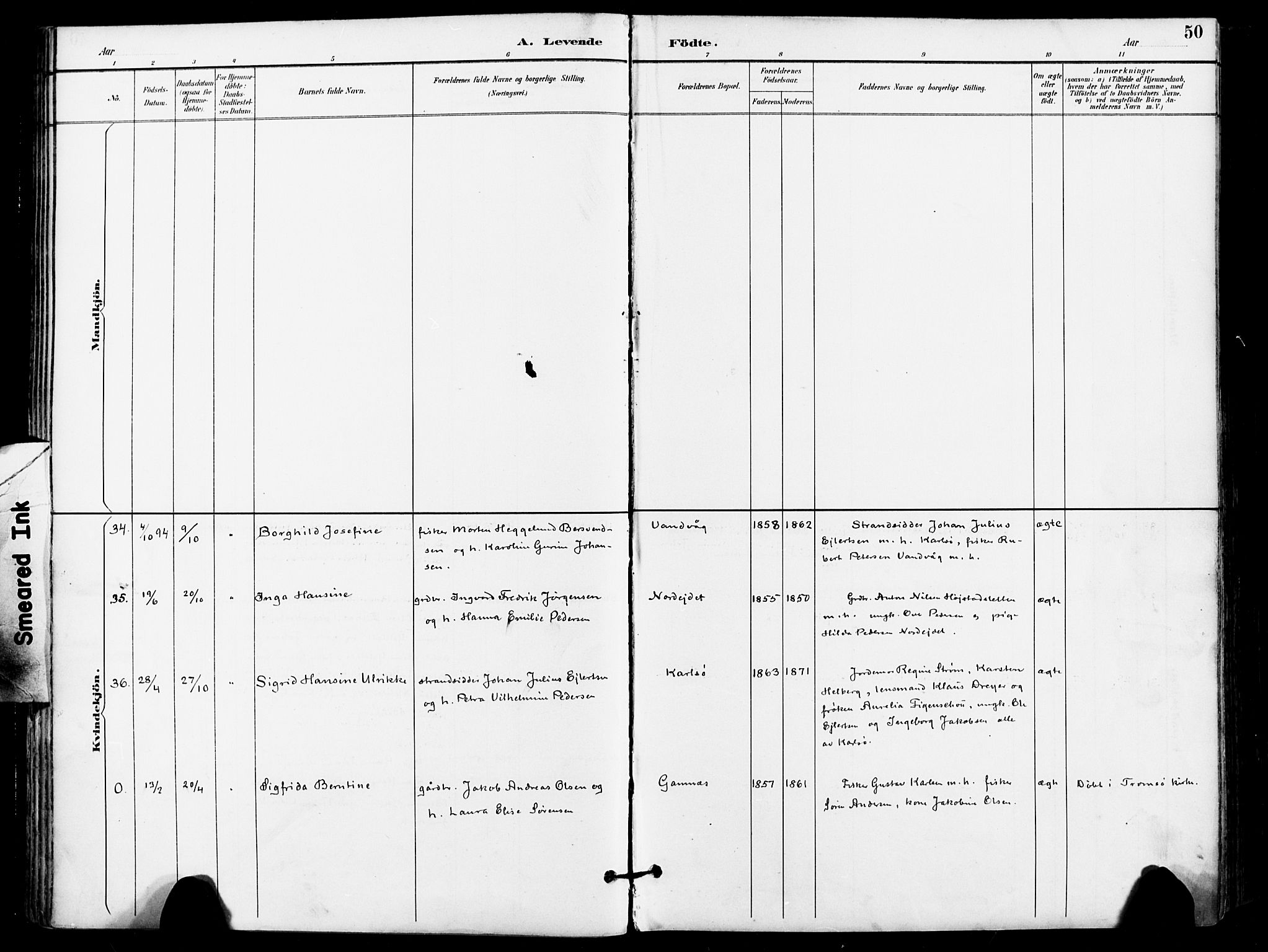 Karlsøy sokneprestembete, AV/SATØ-S-1299/H/Ha/Haa/L0007kirke: Parish register (official) no. 7, 1891-1902, p. 50