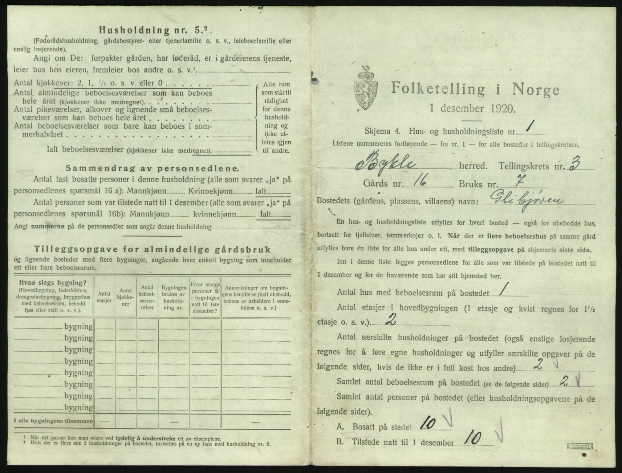 SAK, 1920 census for Bykle, 1920, p. 161