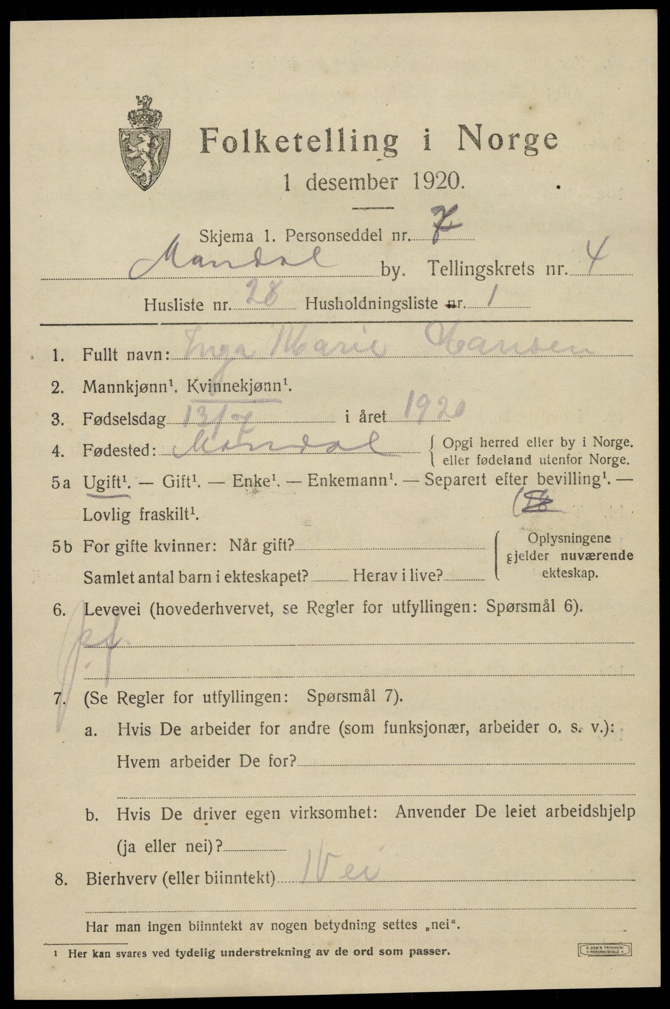 SAK, 1920 census for Mandal, 1920, p. 7285