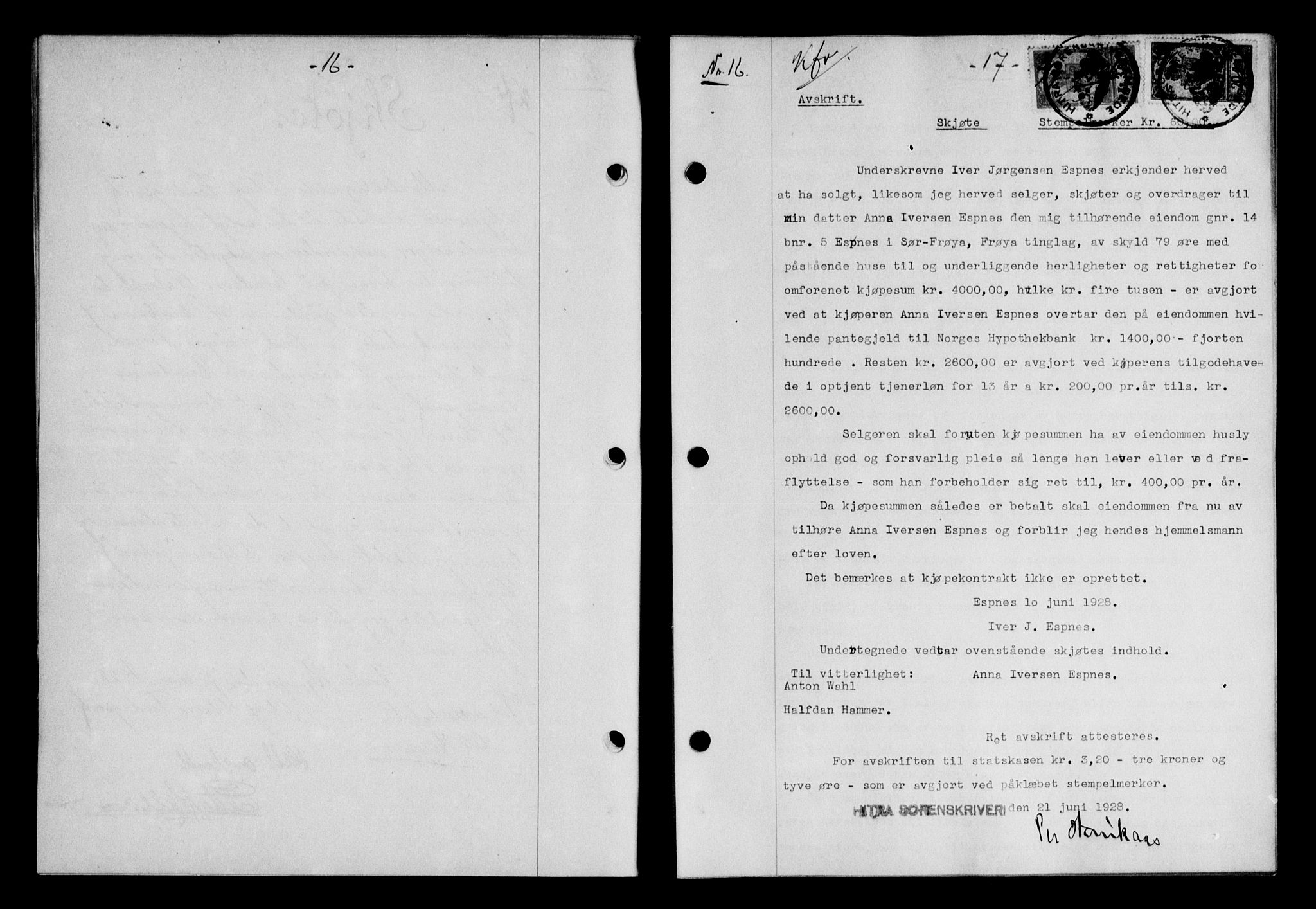 Hitra sorenskriveri, AV/SAT-A-0018/2/2C/2Ca/L0010: Mortgage book no. 10, 1928-1929, p. 16-17