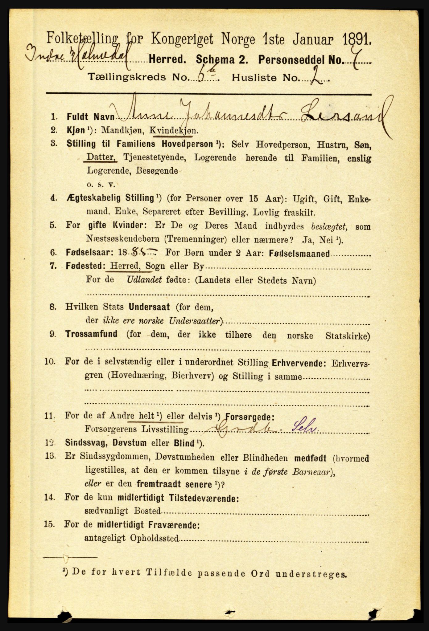 RA, 1891 census for 1430 Indre Holmedal, 1891, p. 2881