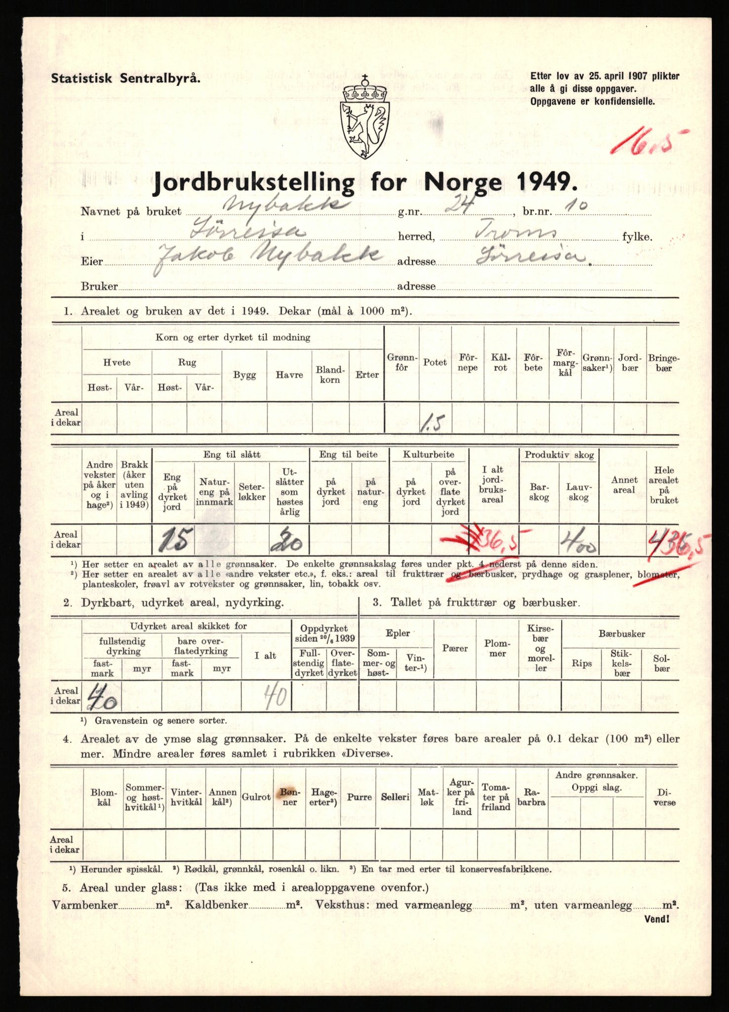 Statistisk sentralbyrå, Næringsøkonomiske emner, Jordbruk, skogbruk, jakt, fiske og fangst, AV/RA-S-2234/G/Gc/L0440: Troms: Sørreisa og Dyrøy, 1949, p. 541