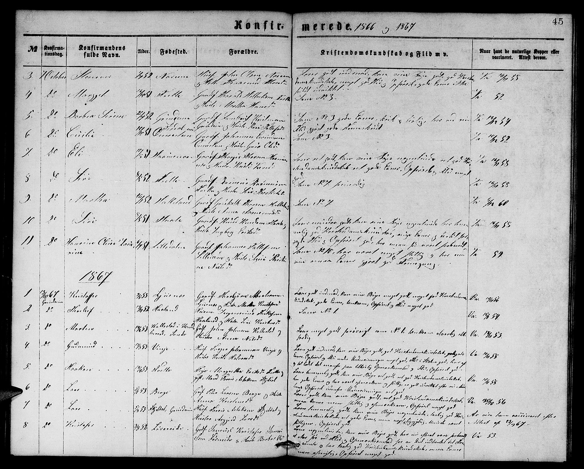 Etne sokneprestembete, SAB/A-75001/H/Hab: Parish register (copy) no. C 3, 1866-1878, p. 45