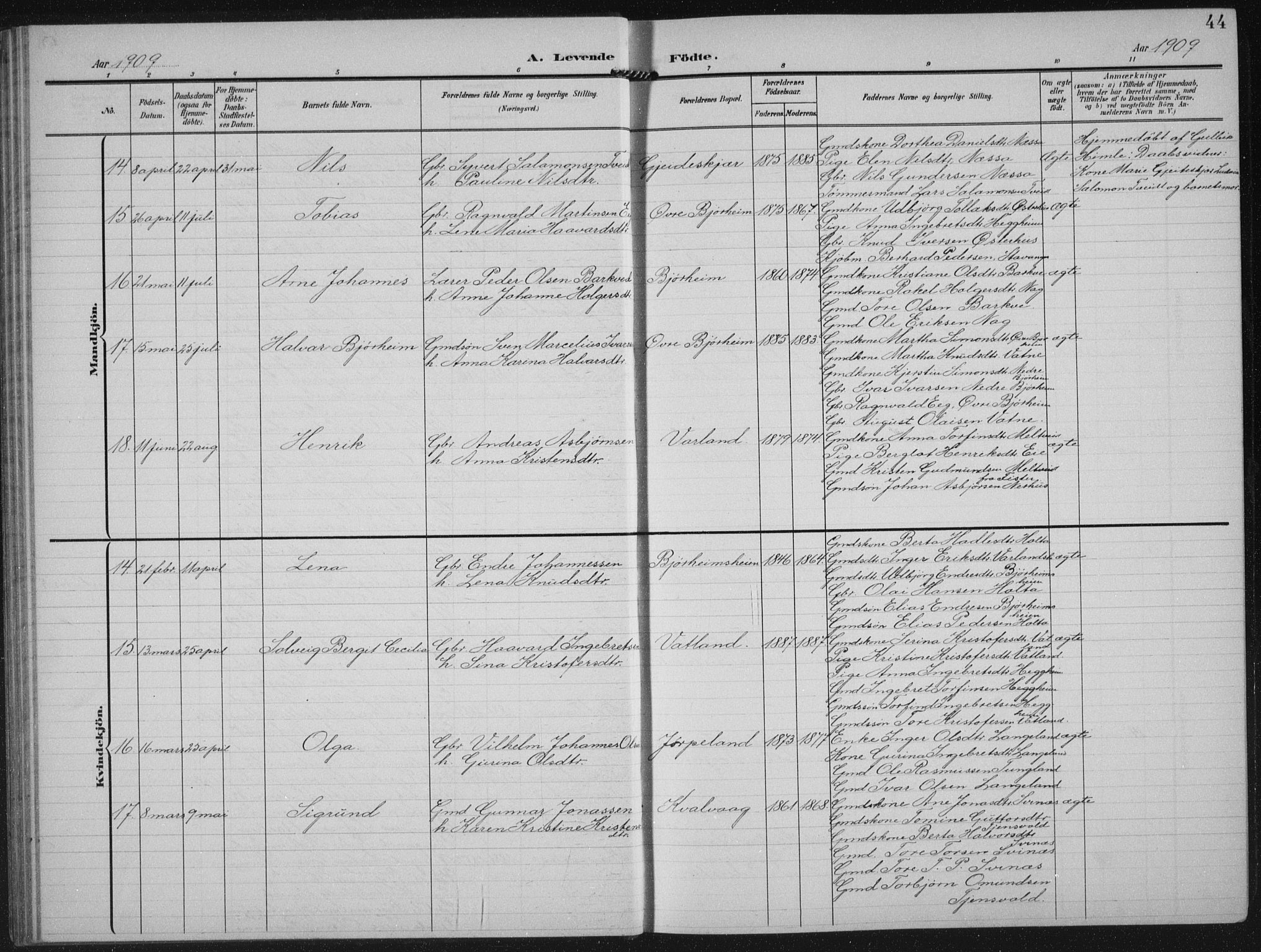 Strand sokneprestkontor, AV/SAST-A-101828/H/Ha/Hab/L0005: Parish register (copy) no. B 5, 1904-1934, p. 44