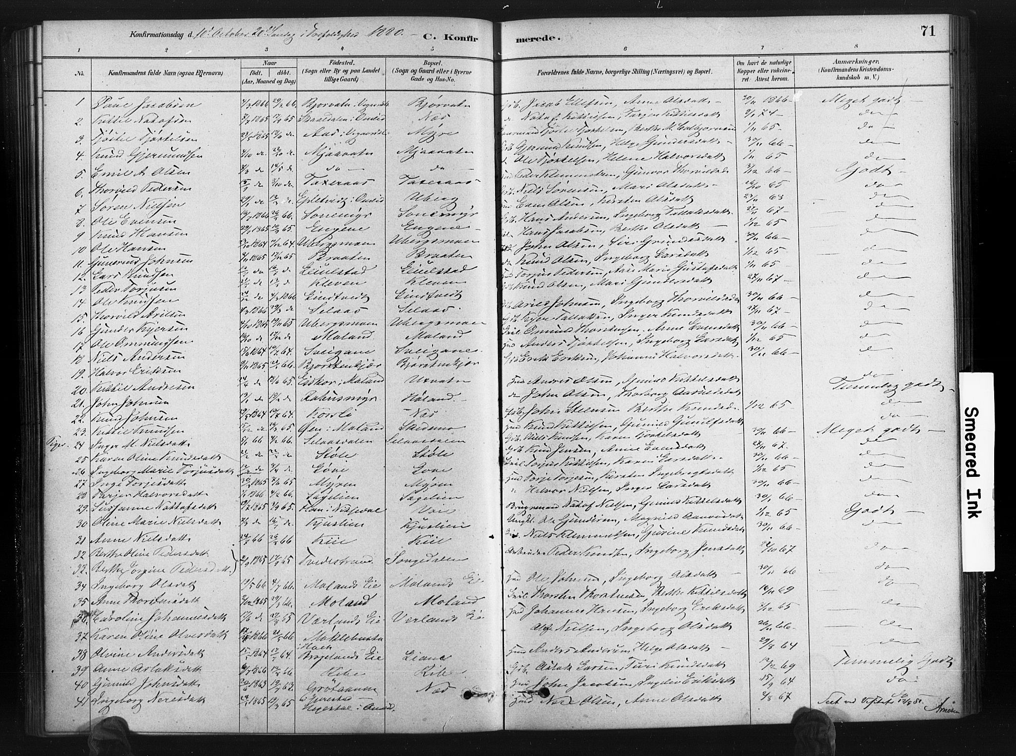 Gjerstad sokneprestkontor, SAK/1111-0014/F/Fa/Fab/L0004: Parish register (official) no. A 4, 1879-1890, p. 71
