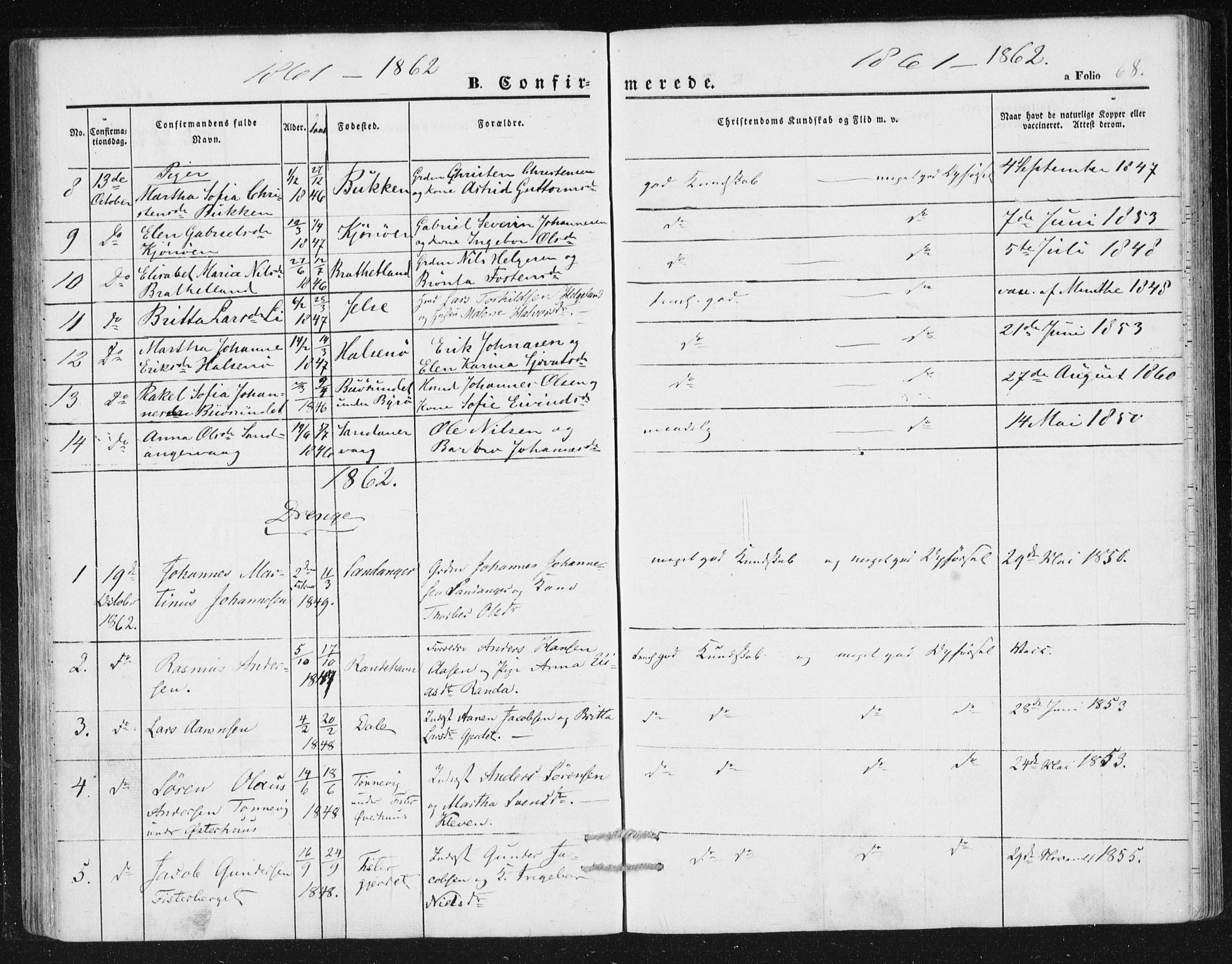 Hjelmeland sokneprestkontor, SAST/A-101843/01/IV/L0010: Parish register (official) no. A 10, 1851-1871, p. 68