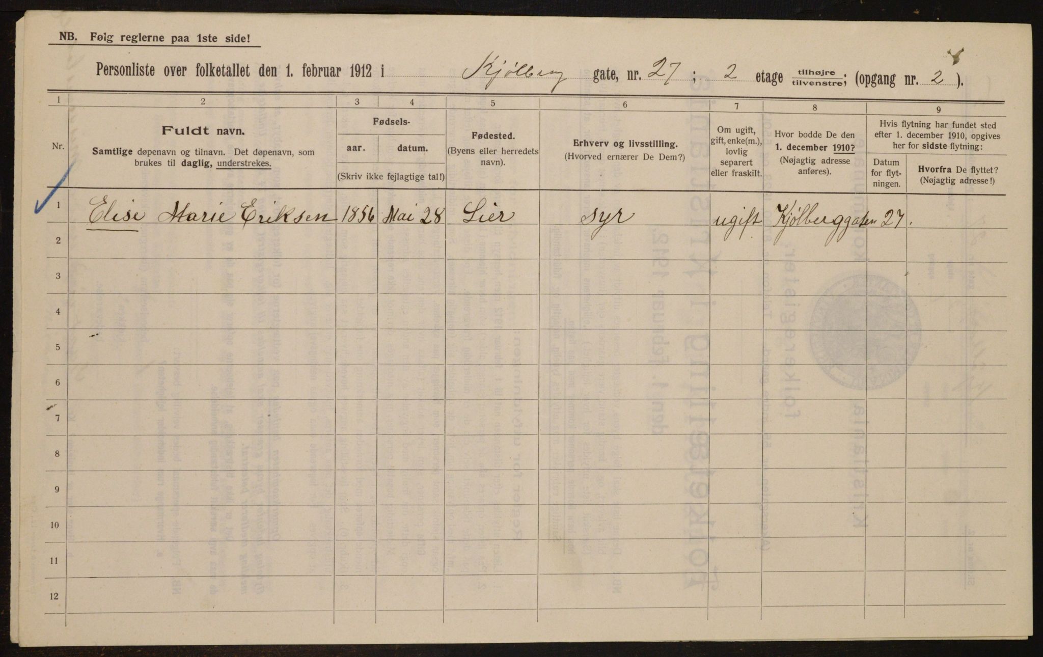 OBA, Municipal Census 1912 for Kristiania, 1912, p. 52085