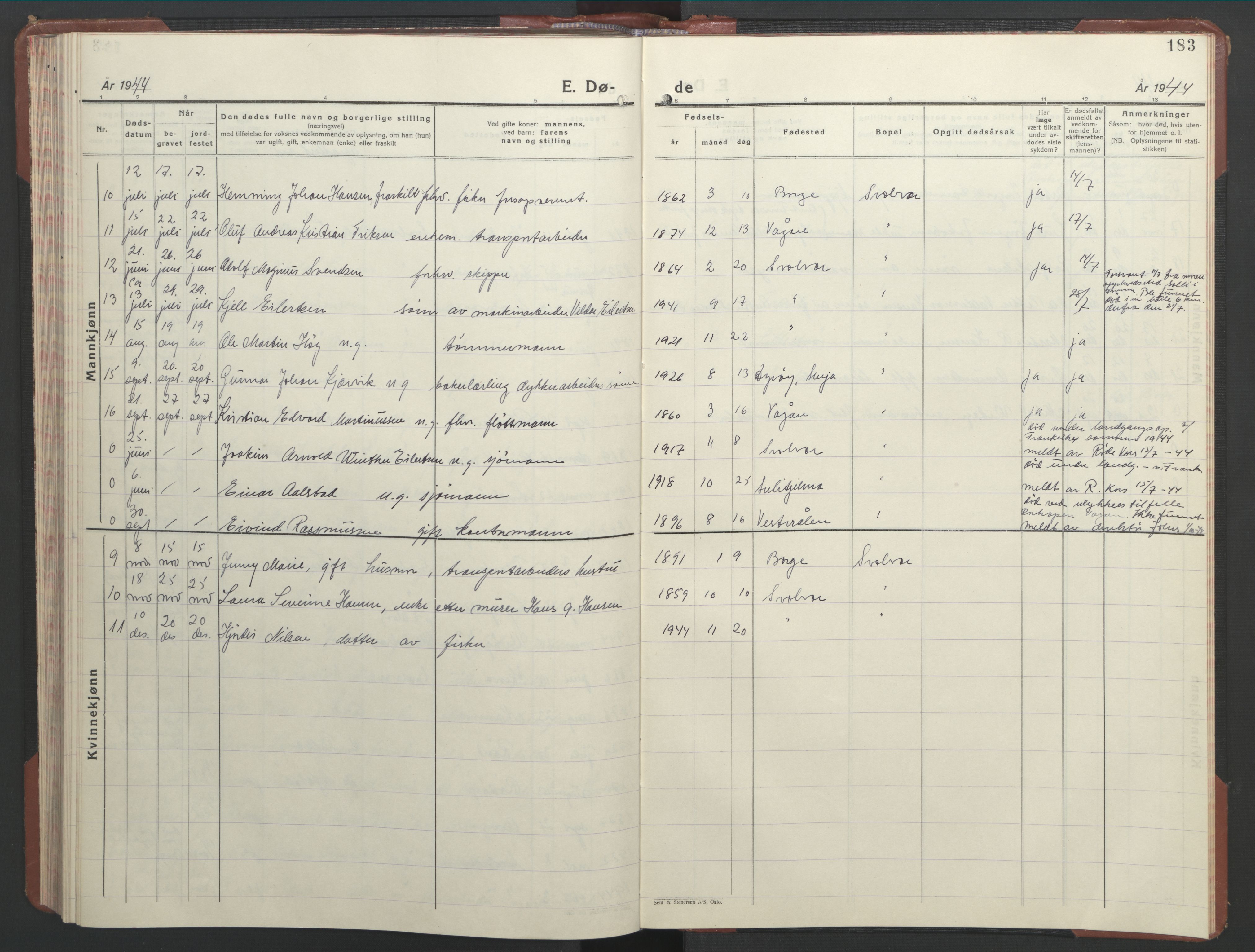 Ministerialprotokoller, klokkerbøker og fødselsregistre - Nordland, AV/SAT-A-1459/877/L1118: Parish register (copy) no. 877C02, 1939-1950, p. 183