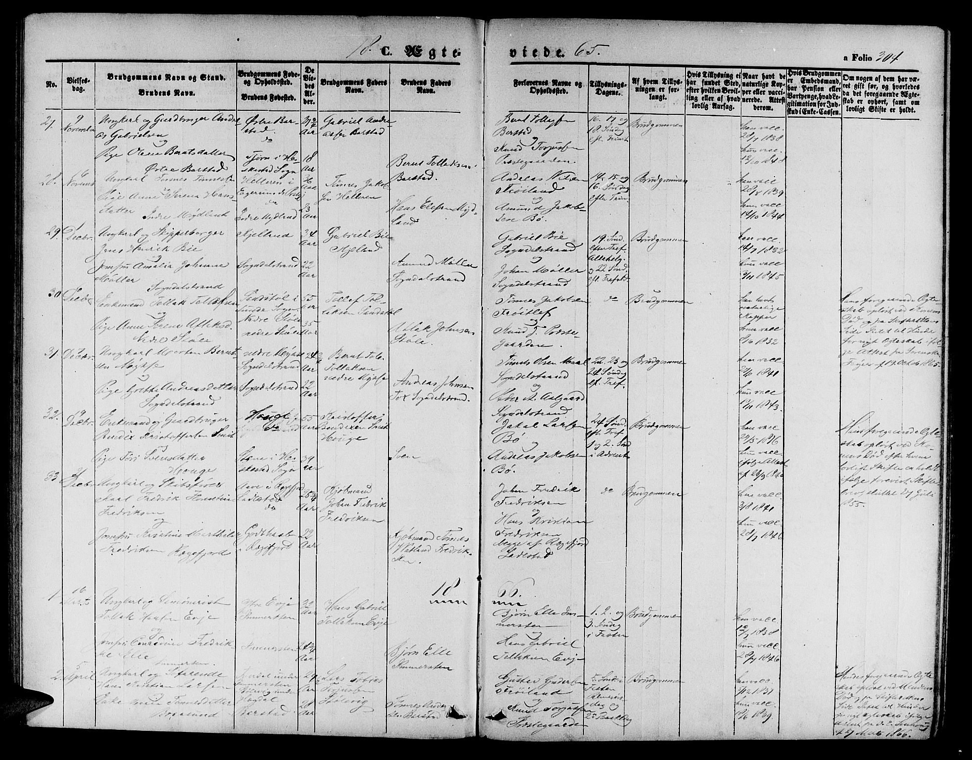 Sokndal sokneprestkontor, SAST/A-101808: Parish register (copy) no. B 3, 1865-1879, p. 304