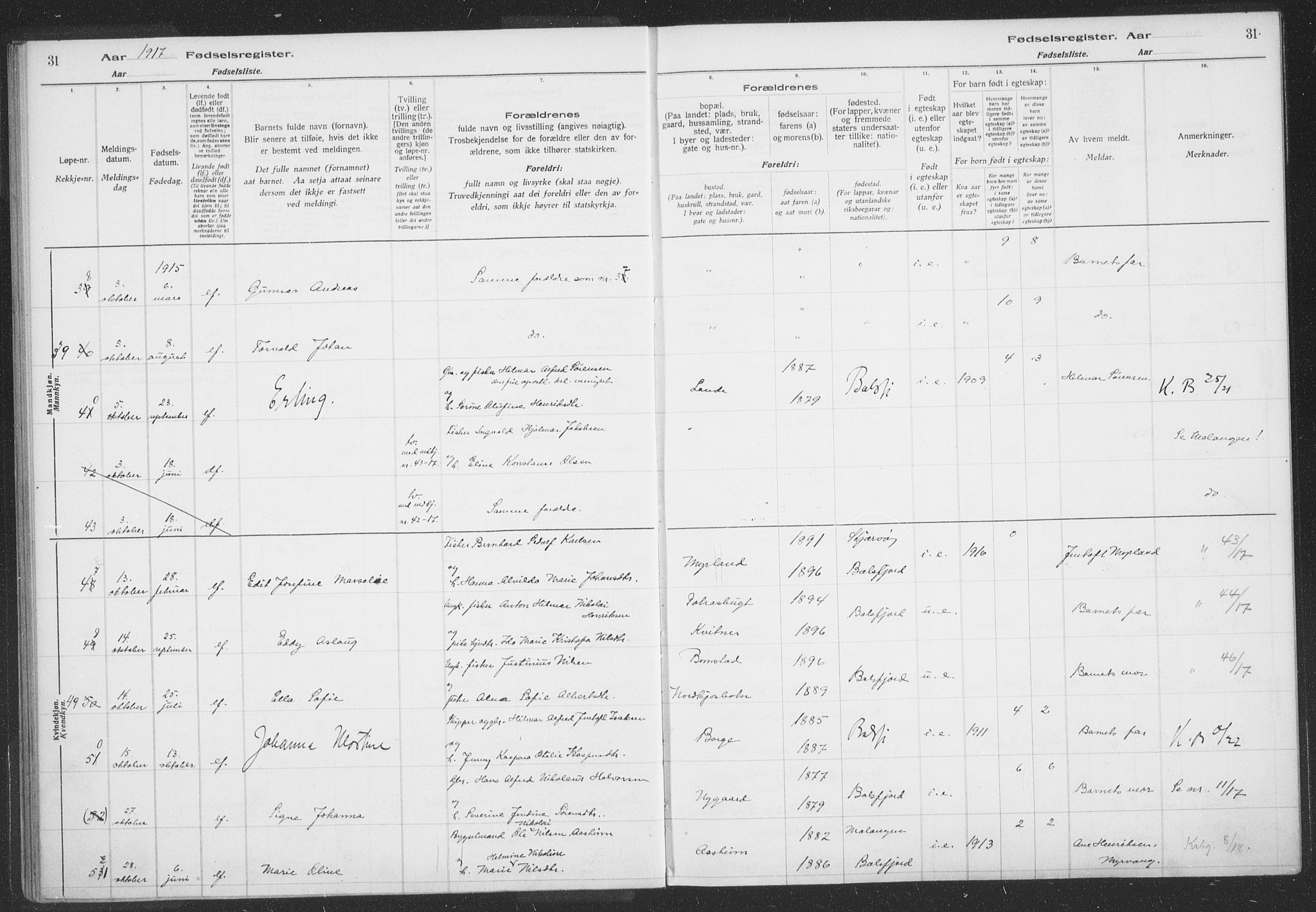 Balsfjord sokneprestembete, AV/SATØ-S-1303/H/Hb/L0059: Birth register no. 59, 1916-1930, p. 31