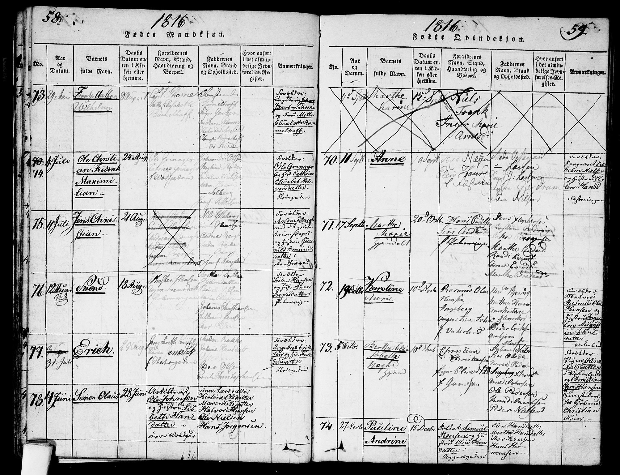 Garnisonsmenigheten Kirkebøker, SAO/A-10846/G/Ga/L0003: Parish register (copy) no. 3, 1815-1819, p. 58-59