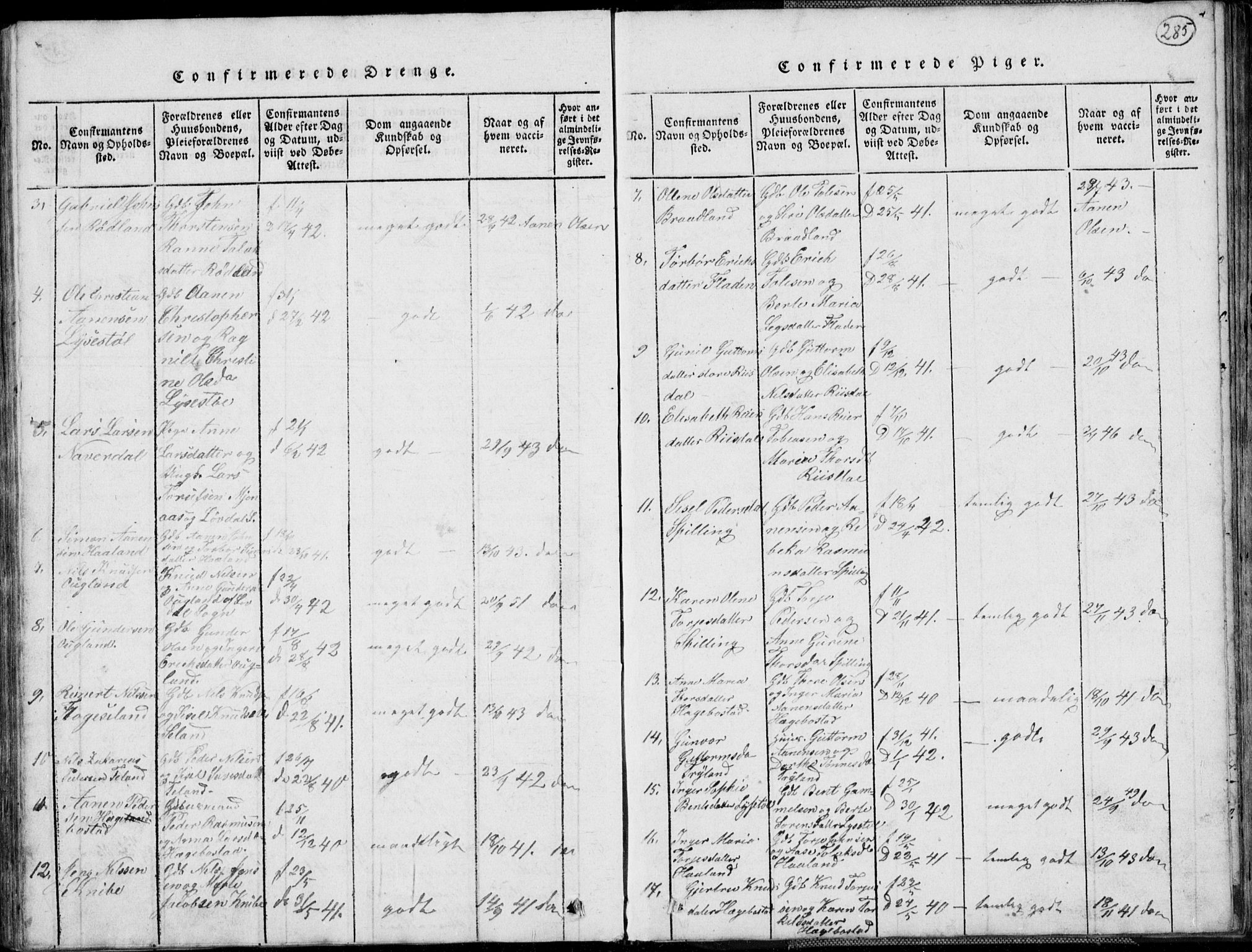 Nord-Audnedal sokneprestkontor, AV/SAK-1111-0032/F/Fb/Fbb/L0001: Parish register (copy) no. B 1, 1816-1858, p. 285