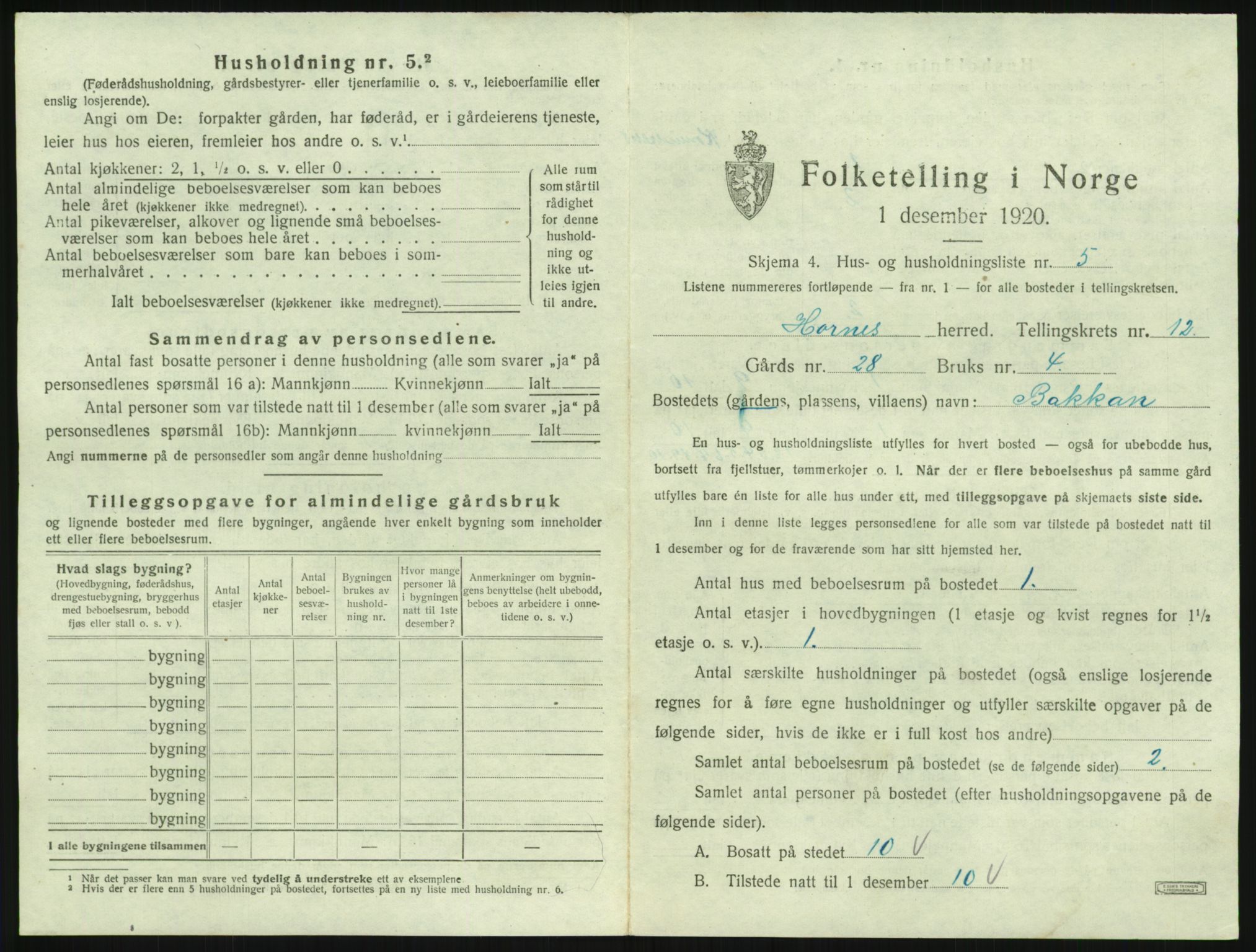 SAK, 1920 census for Hornnes, 1920, p. 481