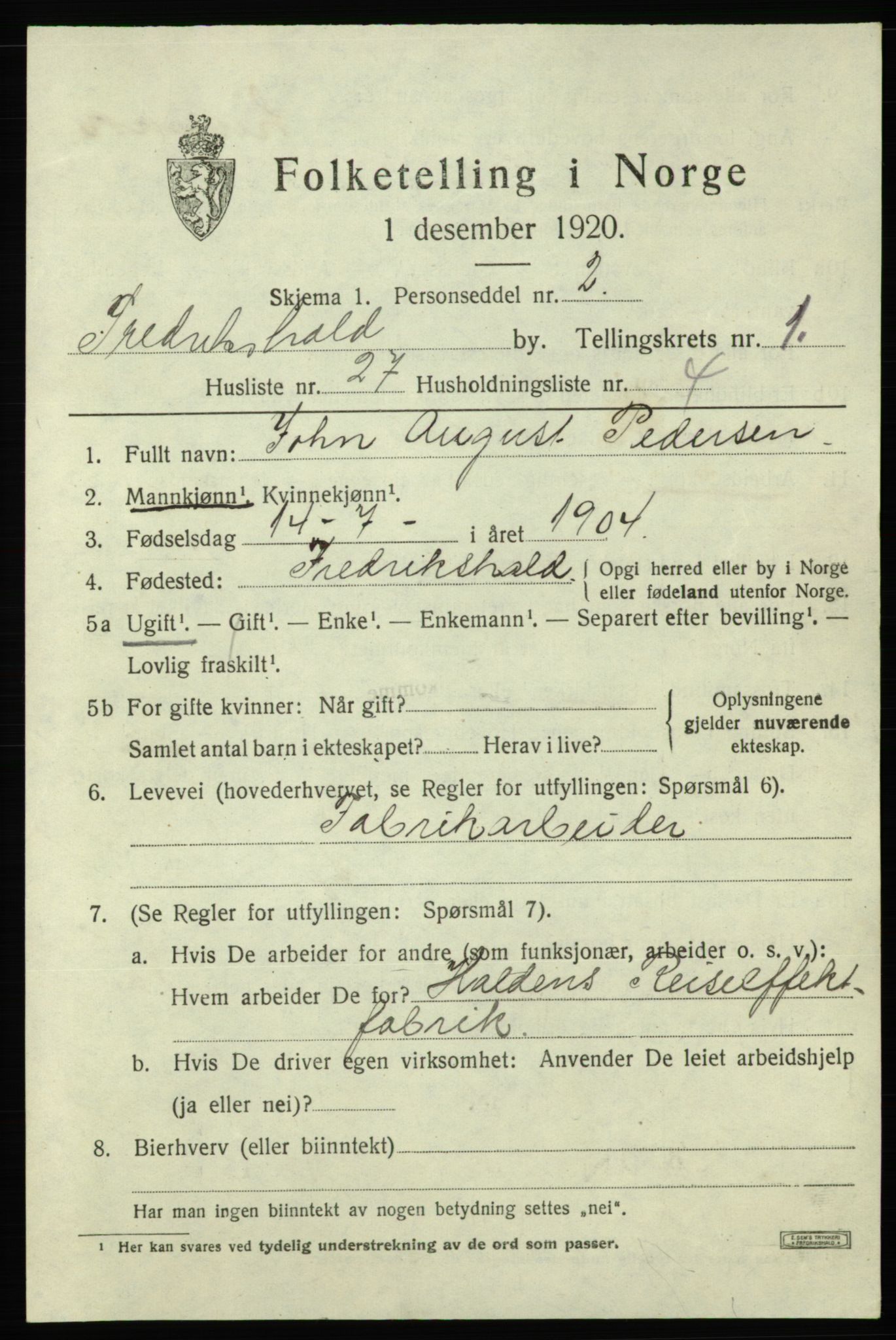 SAO, 1920 census for Fredrikshald, 1920, p. 8536