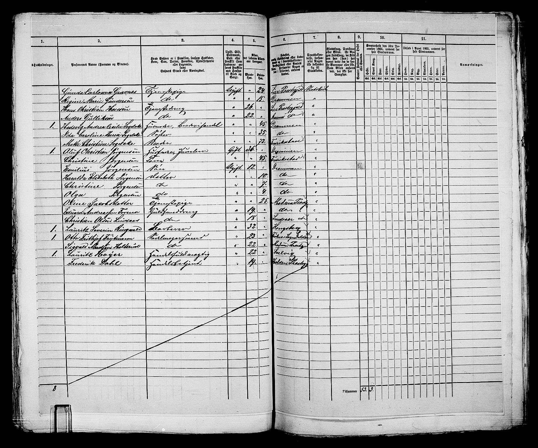 RA, 1865 census for Bragernes in Drammen, 1865, p. 424