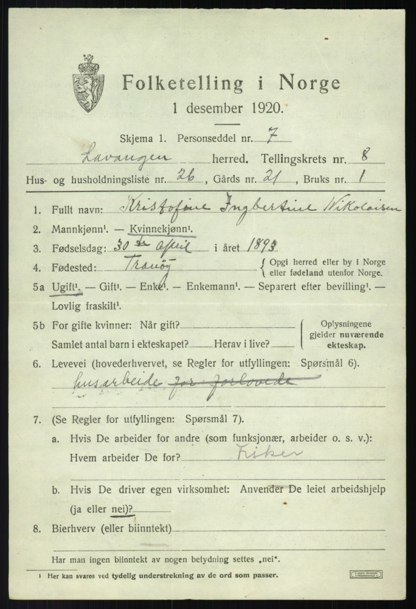 SATØ, 1920 census for Lavangen, 1920, p. 3385