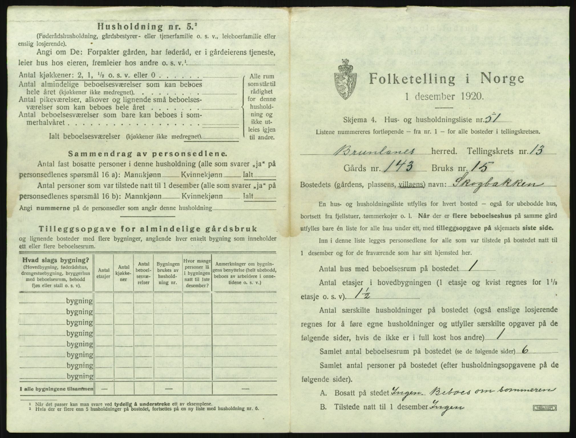 SAKO, 1920 census for Brunlanes, 1920, p. 1851