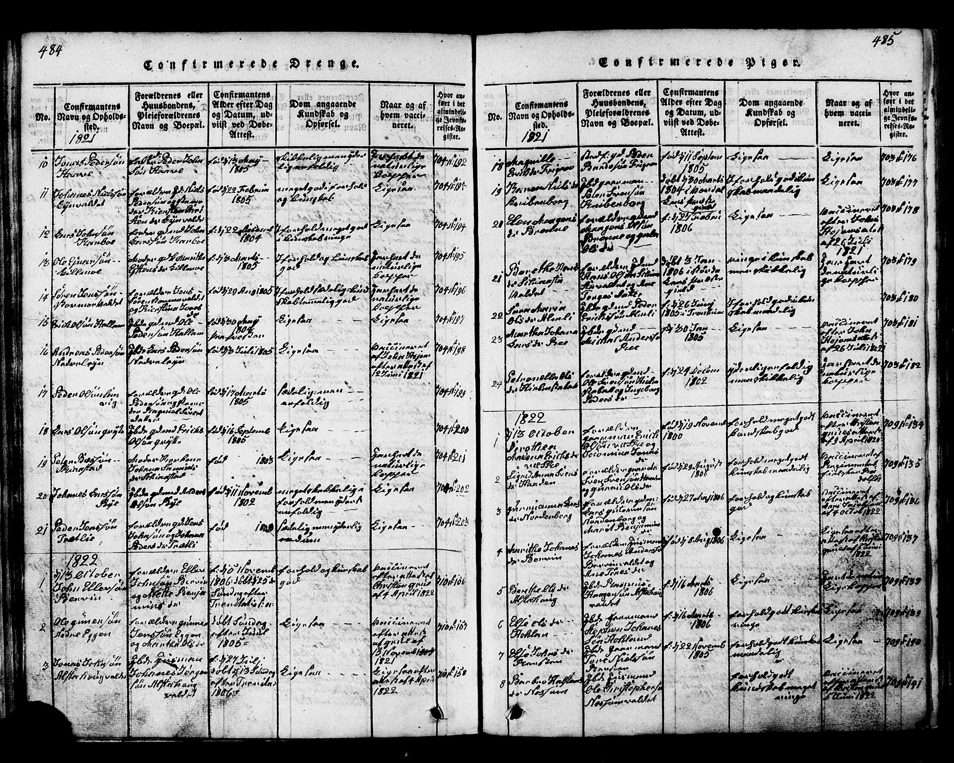 Ministerialprotokoller, klokkerbøker og fødselsregistre - Nord-Trøndelag, AV/SAT-A-1458/717/L0169: Parish register (copy) no. 717C01, 1816-1834, p. 484-485