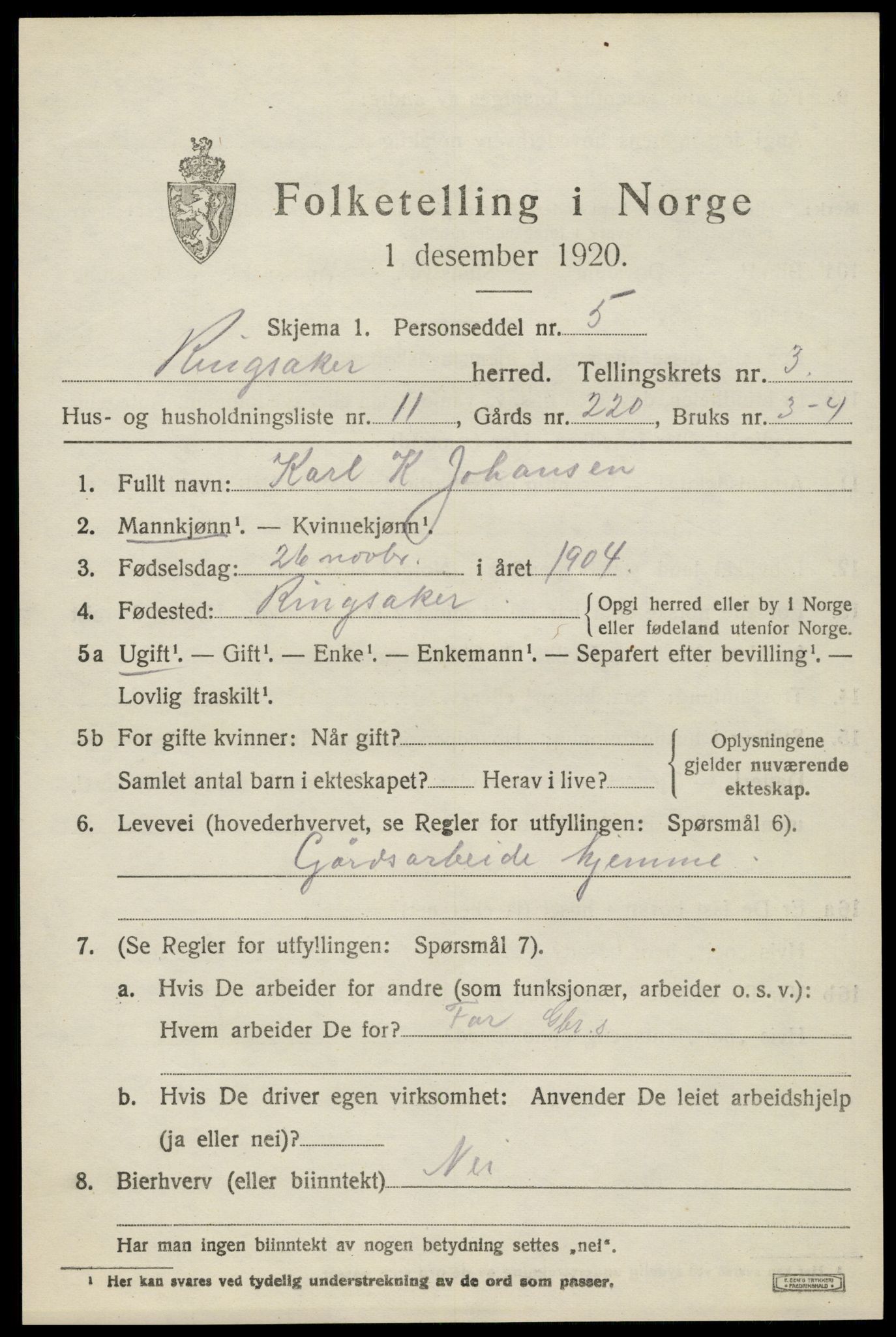 SAH, 1920 census for Ringsaker, 1920, p. 7676