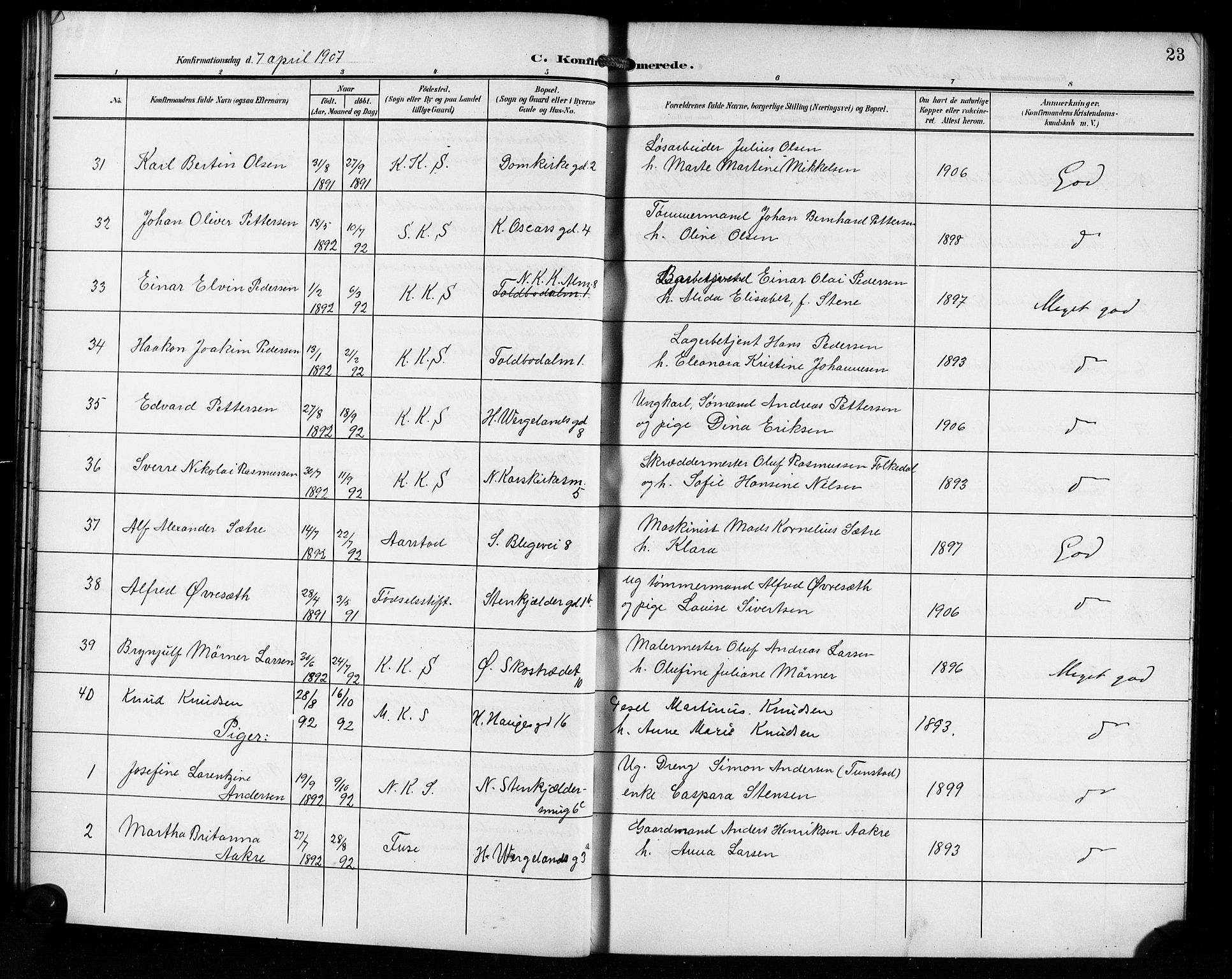 Korskirken sokneprestembete, AV/SAB-A-76101/H/Hab: Parish register (copy) no. C 5, 1906-1918, p. 23