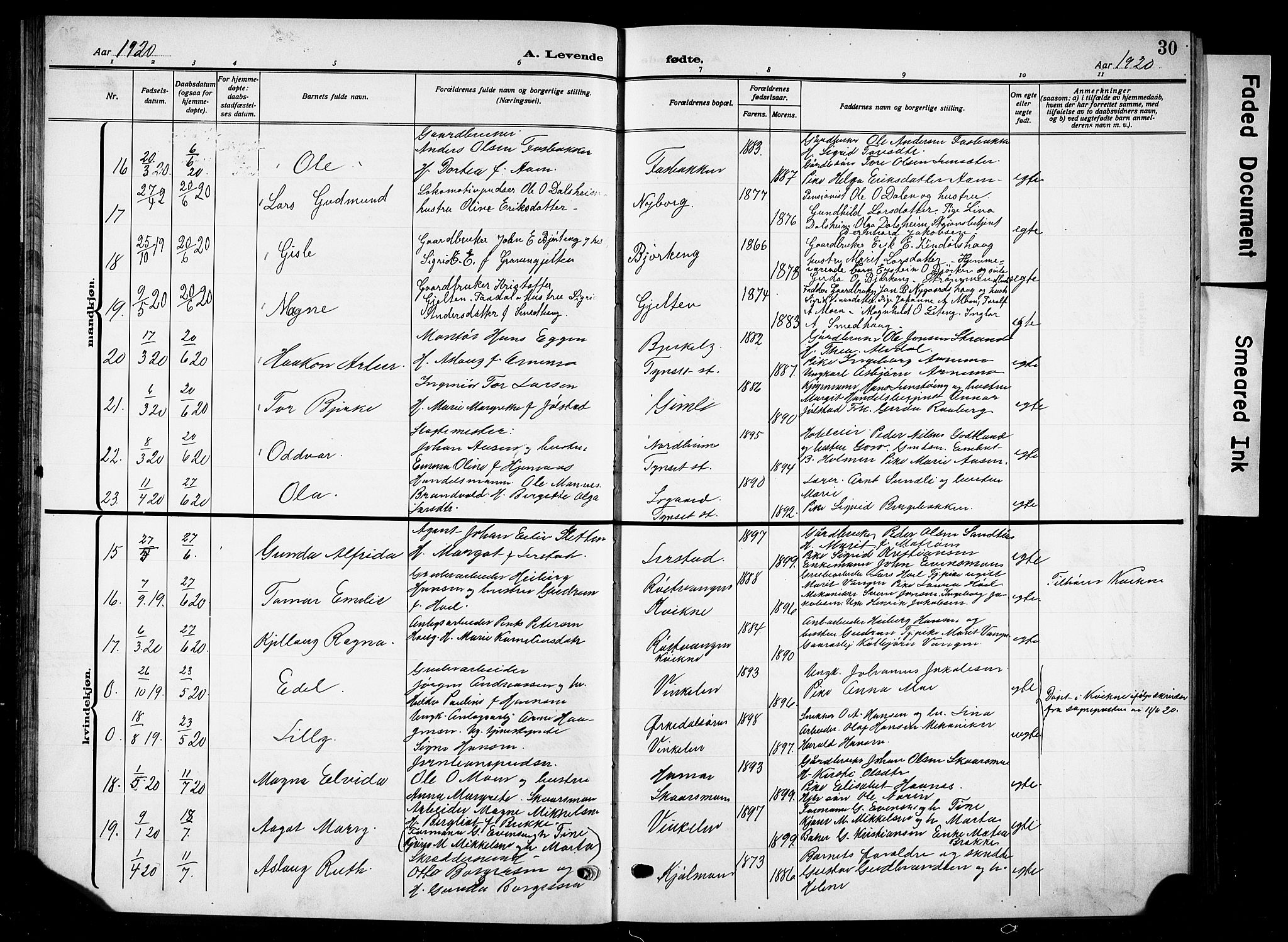 Tynset prestekontor, AV/SAH-PREST-058/H/Ha/Hab/L0011: Parish register (copy) no. 11, 1915-1930, p. 30