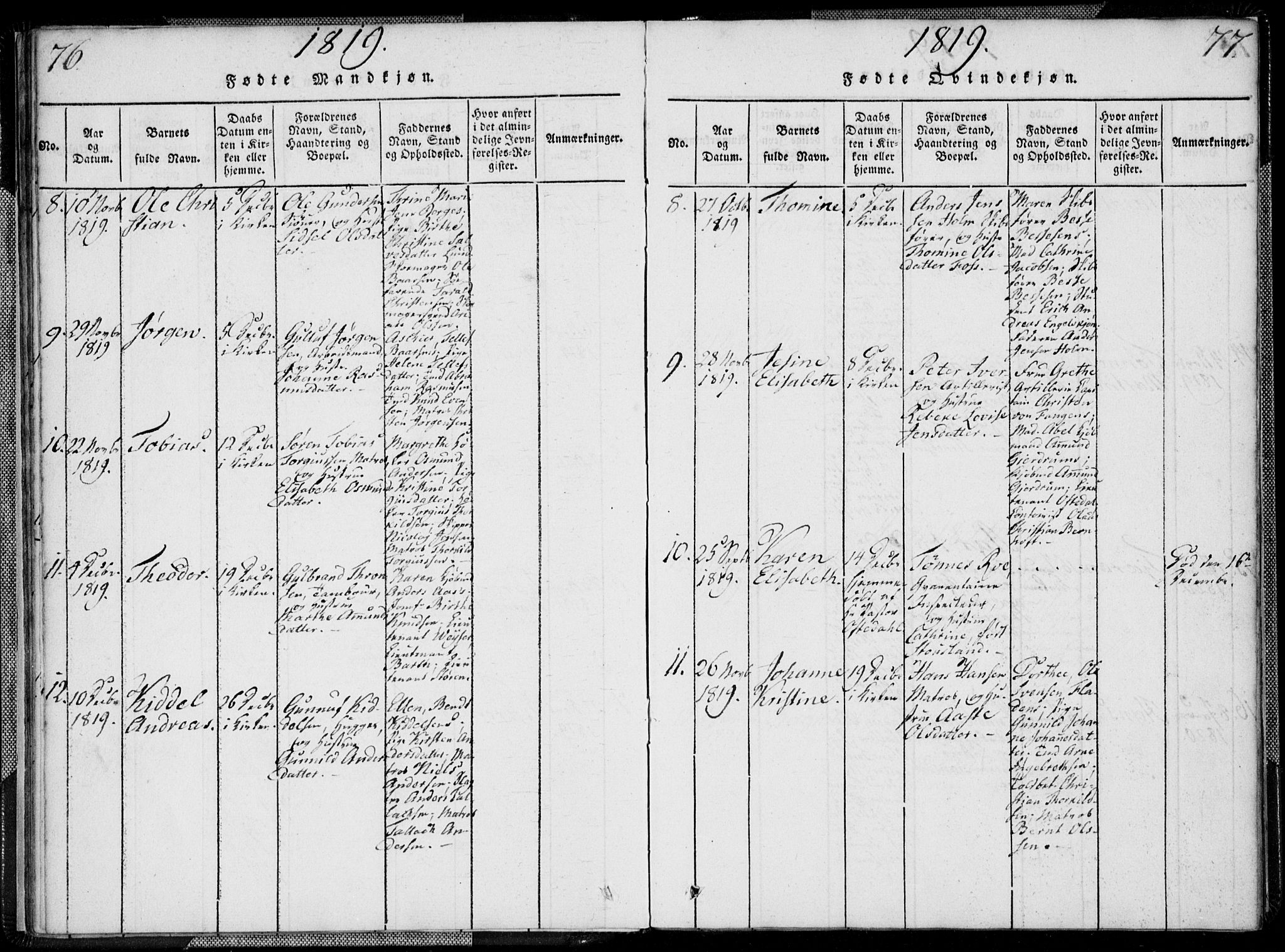 Kristiansand domprosti, AV/SAK-1112-0006/F/Fa/L0008: Parish register (official) no. A 8, 1818-1821, p. 76-77