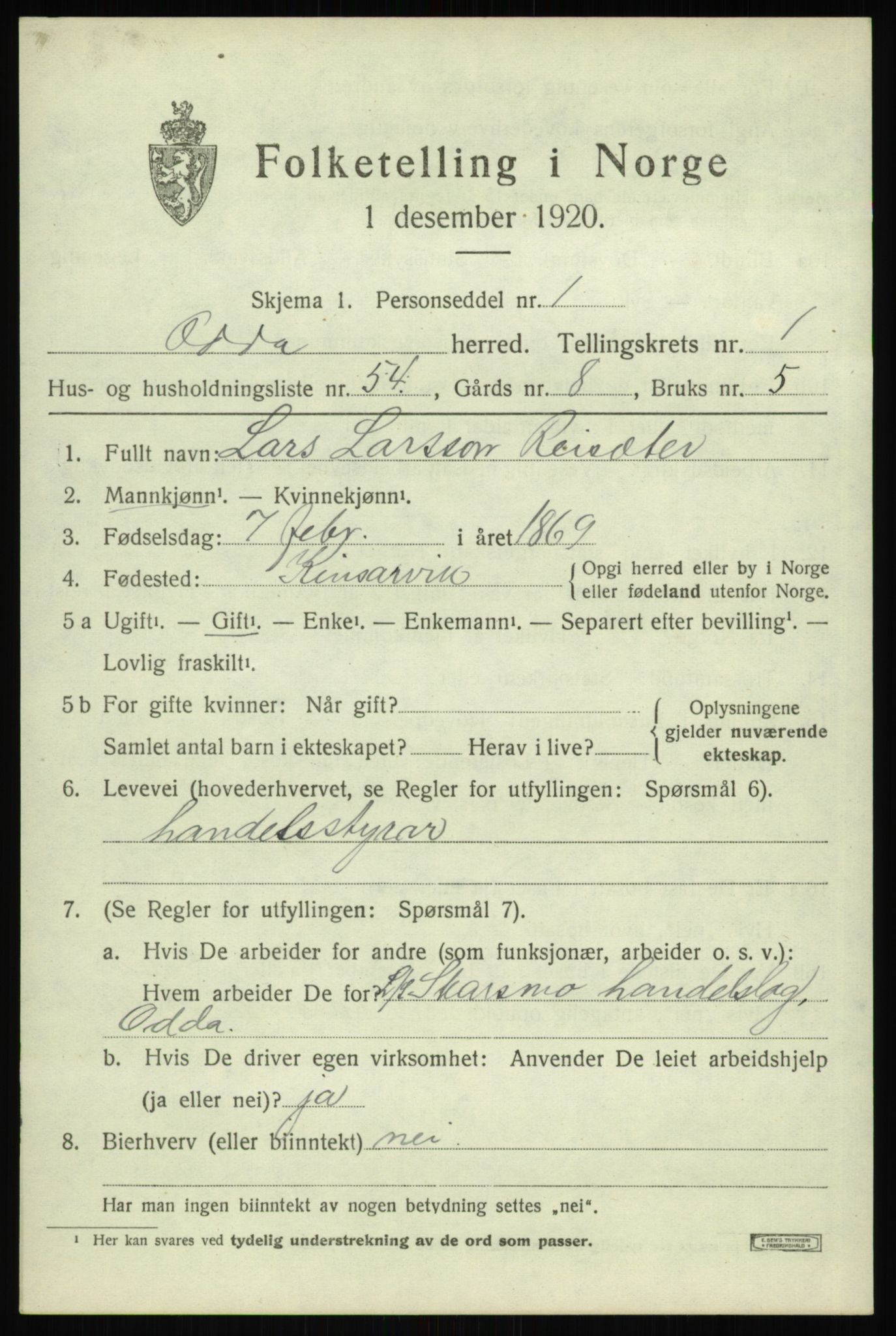 SAB, 1920 census for Odda, 1920, p. 1759