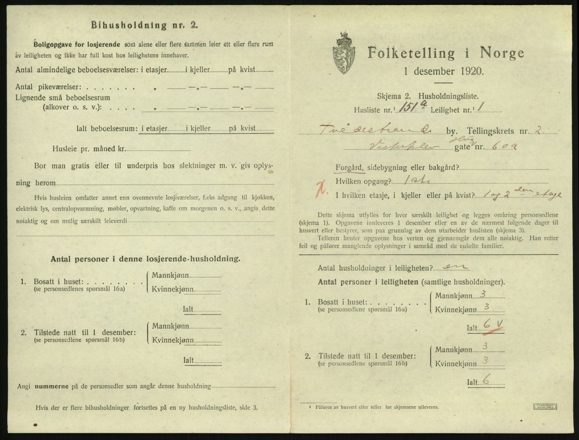 SAK, 1920 census for Tvedestrand, 1920, p. 1327