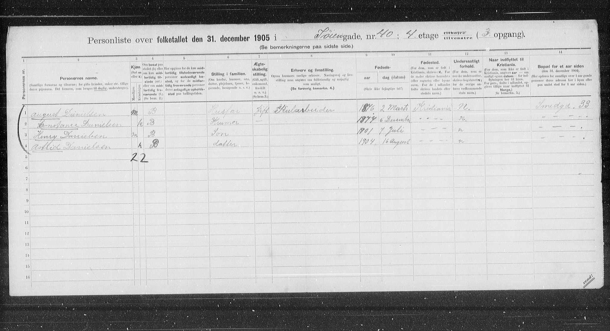 OBA, Municipal Census 1905 for Kristiania, 1905, p. 62267