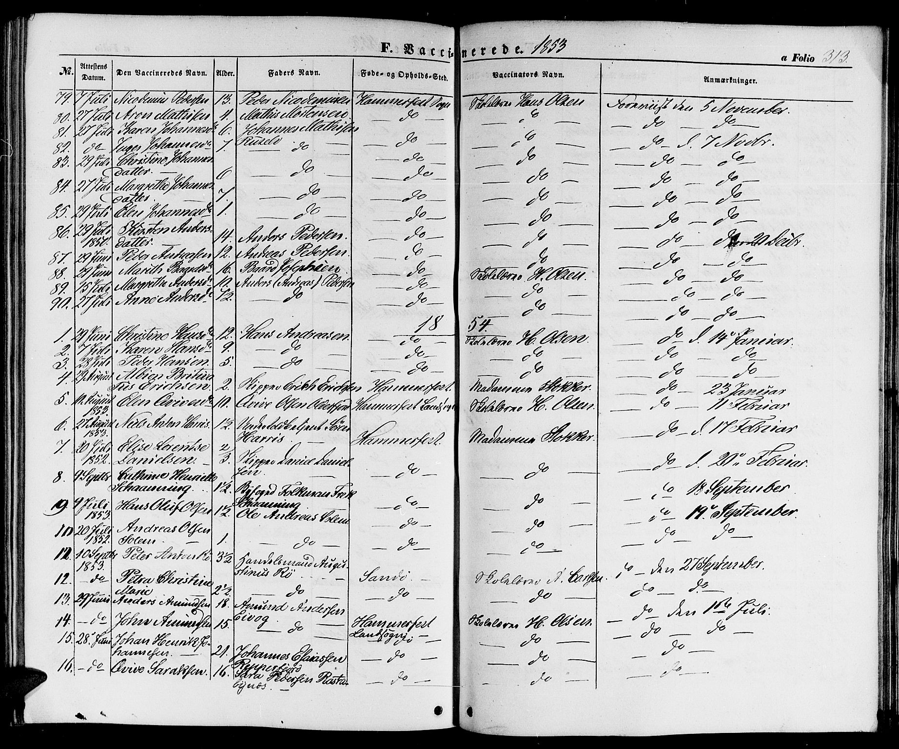 Hammerfest sokneprestkontor, SATØ/S-1347/H/Hb/L0002.klokk: Parish register (copy) no. 2, 1851-1861, p. 313