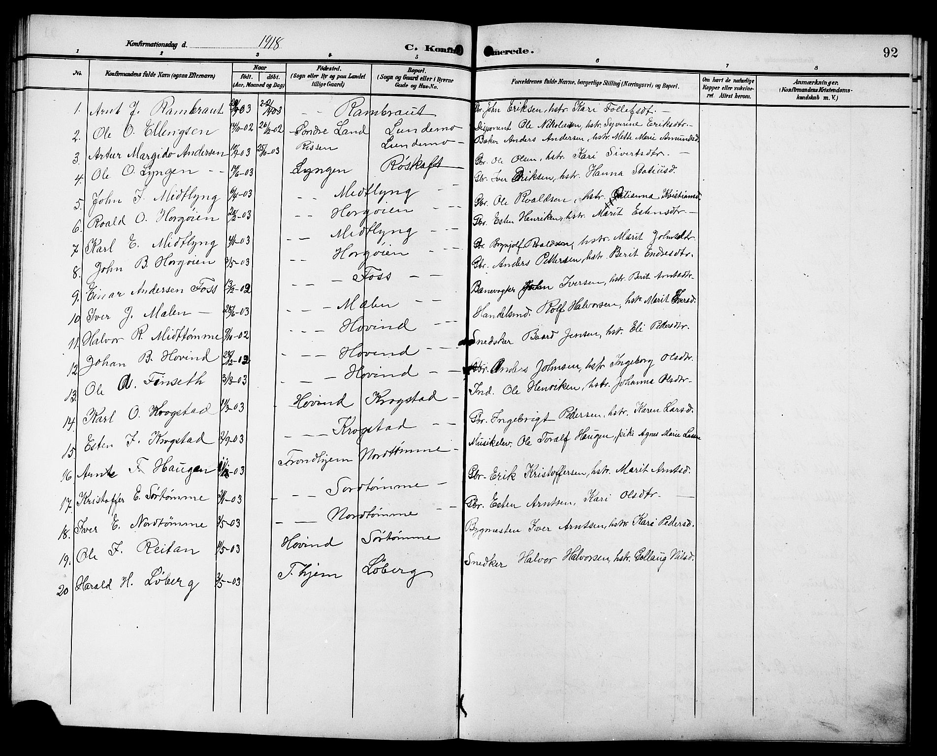 Ministerialprotokoller, klokkerbøker og fødselsregistre - Sør-Trøndelag, SAT/A-1456/692/L1112: Parish register (copy) no. 692C07, 1904-1918, p. 92