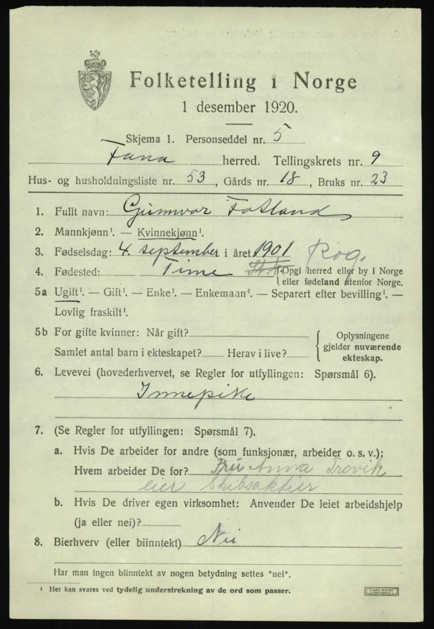 SAB, 1920 census for Fana, 1920, p. 16121
