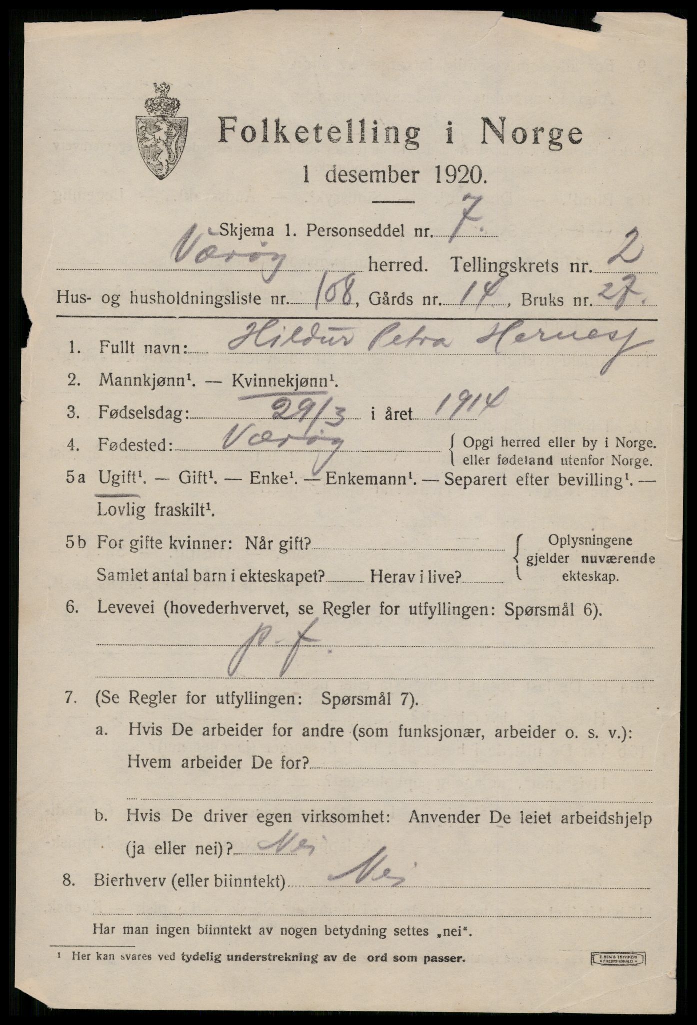 SAT, 1920 census for Værøy, 1920, p. 2225