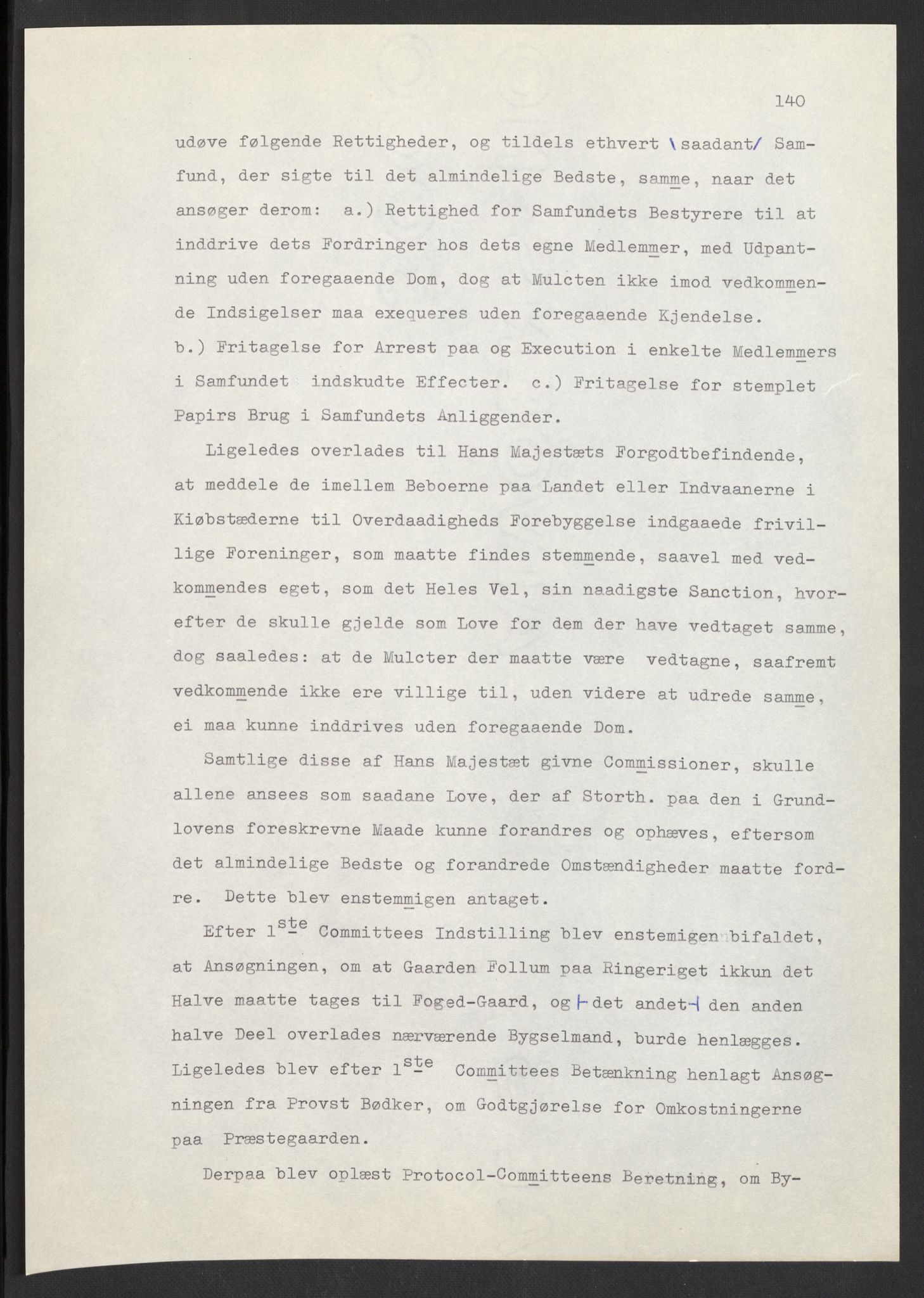 Manuskriptsamlingen, AV/RA-EA-3667/F/L0197: Wetlesen, Hans Jørgen (stortingsmann, ingeniørkaptein); Referat fra Stortinget 1815-1816, 1815-1816, p. 140