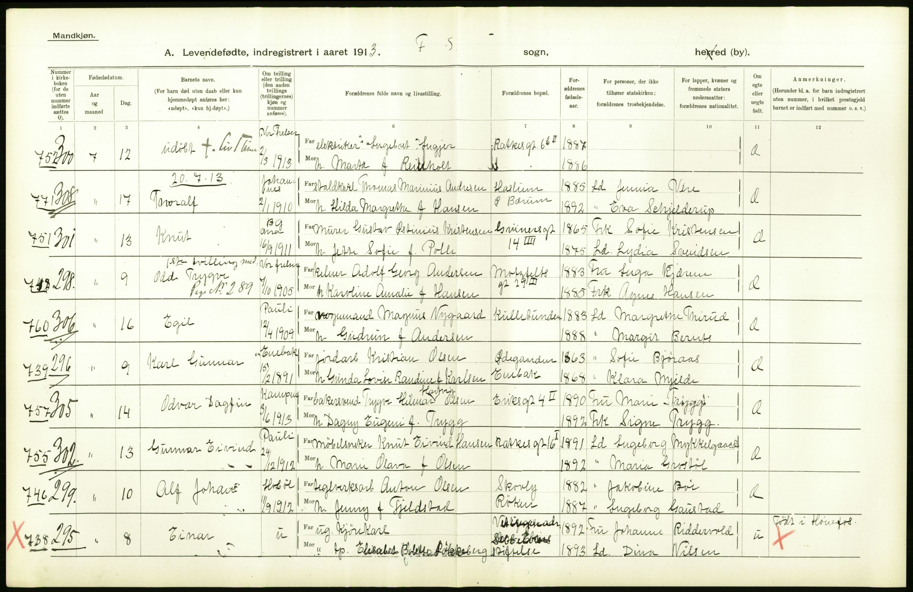 Statistisk sentralbyrå, Sosiodemografiske emner, Befolkning, AV/RA-S-2228/D/Df/Dfb/Dfbc/L0007: Kristiania: Levendefødte menn og kvinner., 1913, p. 72